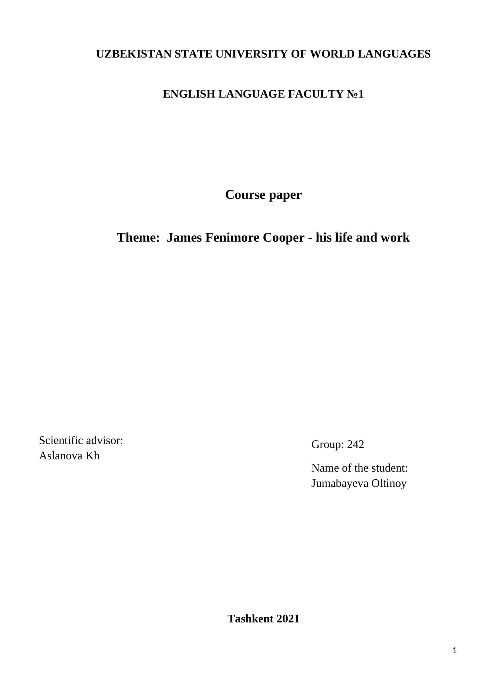 James Fenimore Cooper - his life and work 1