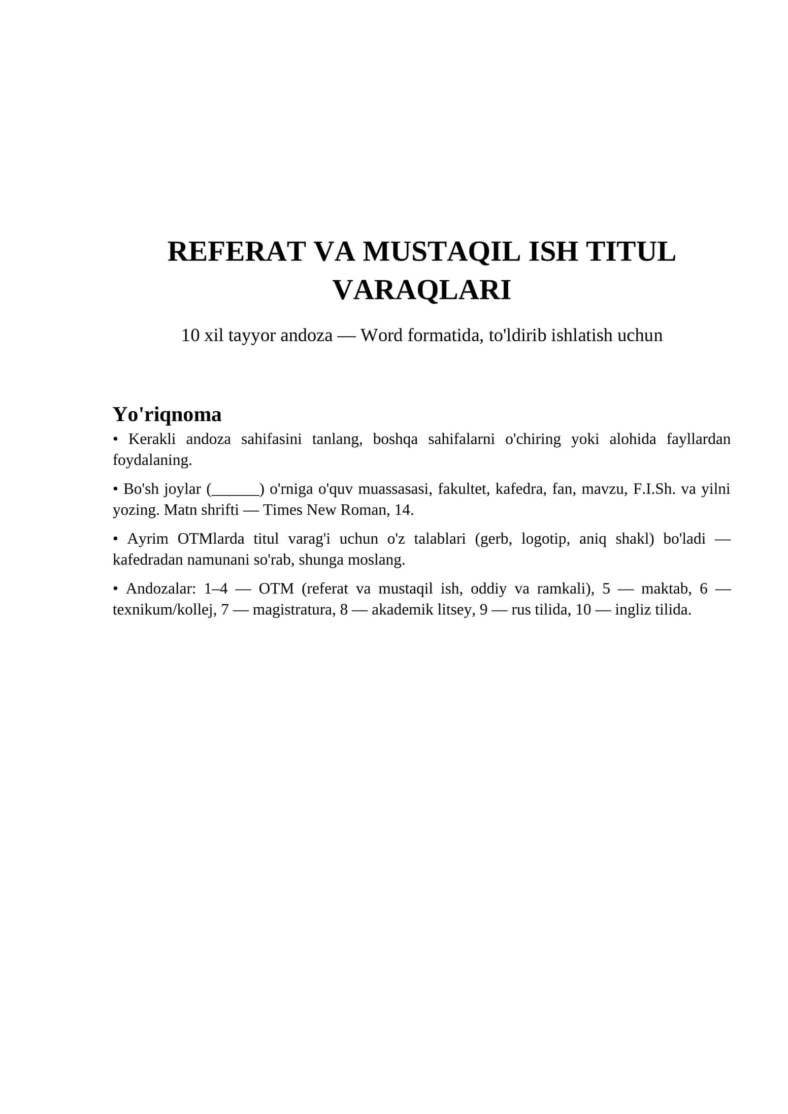 Referat va mustaqil ish titul varagi namunalari 10 xil word andoza 1