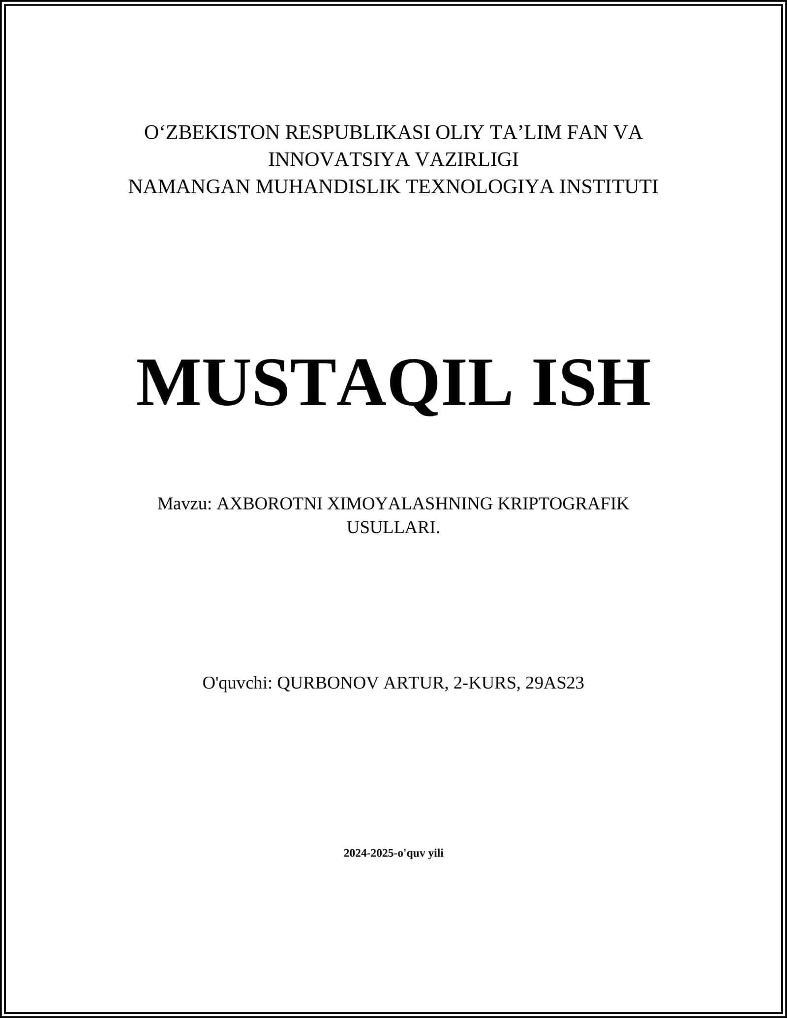 AXBOROTNI XIMOYALASHNING KRIPTOGRAFIK USULLARI 1