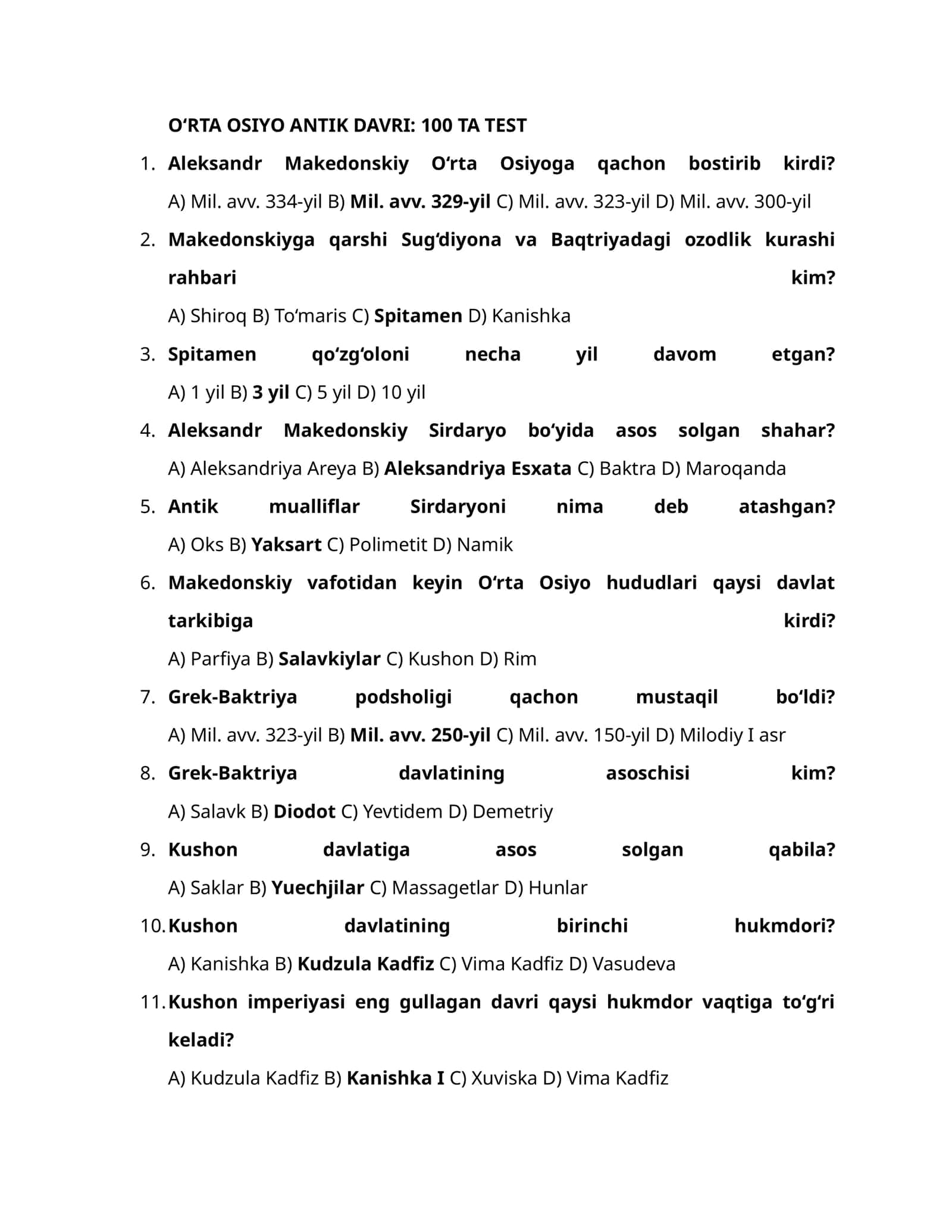 O‘RTA OSIYO ANTIK DAVRI: 100 TA TEST 1
