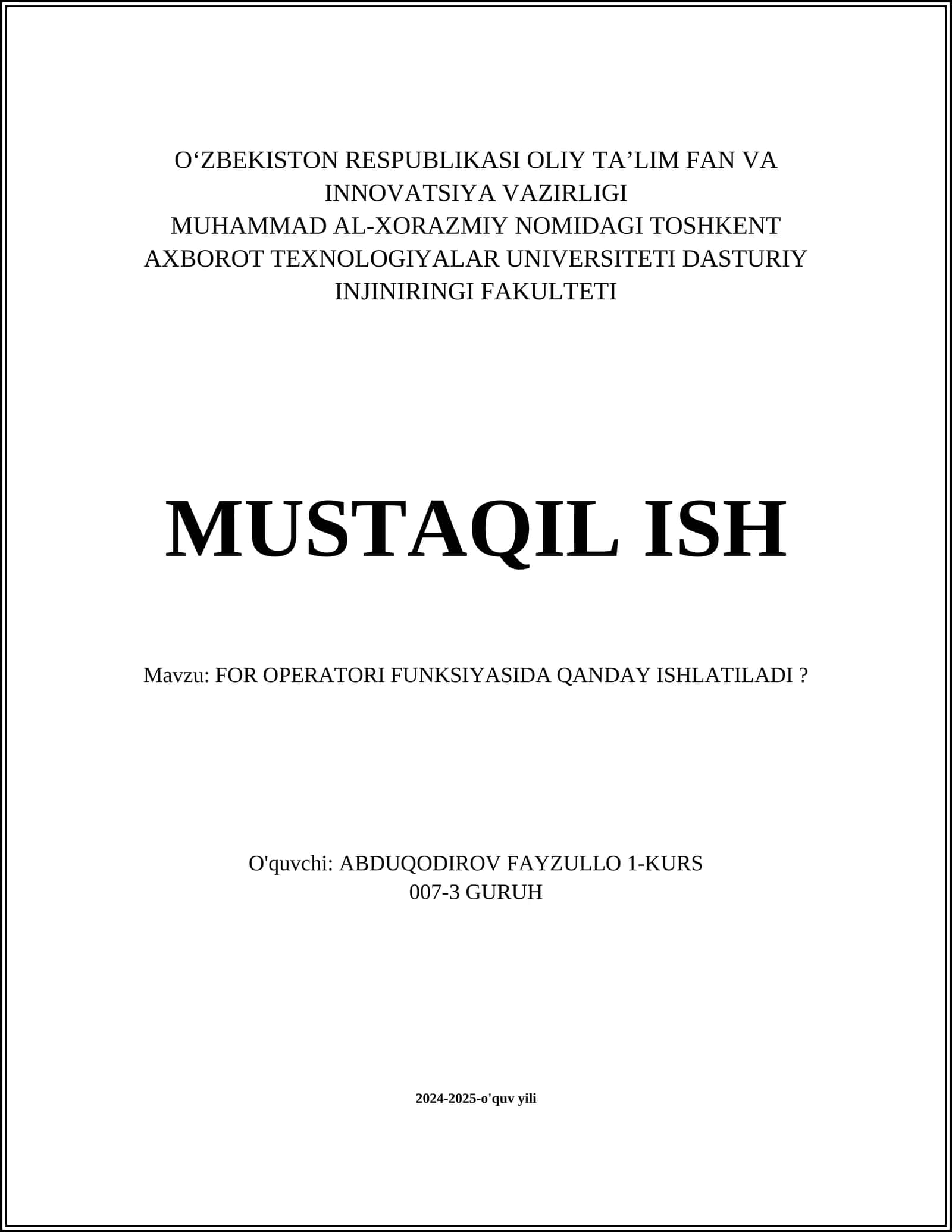 FOR OPERATORI FUNKSIYASIDA QANDAY ISHLATILADI? 1