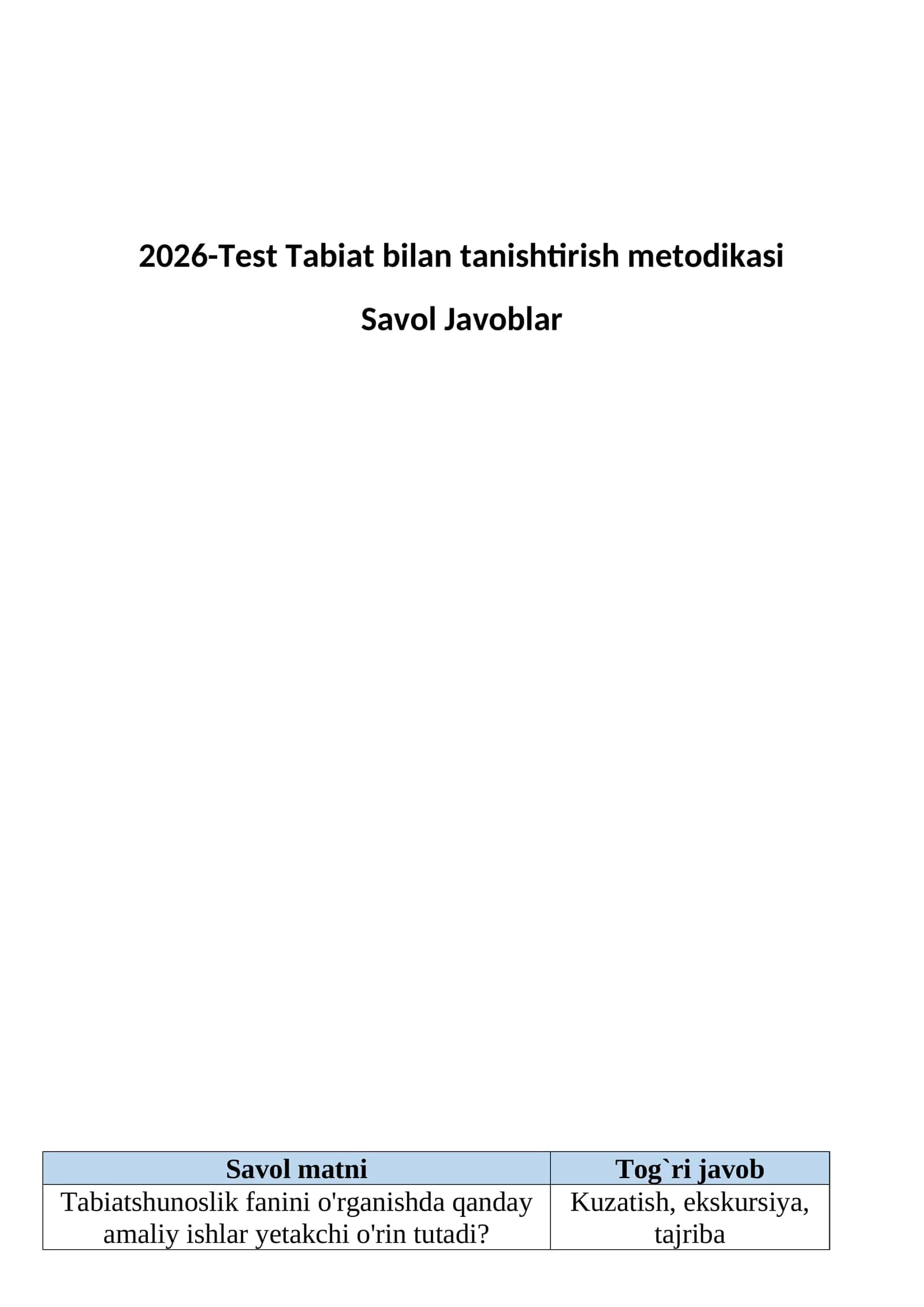 Tabiat bilan tanishtirish metodikasi Test 200 savol javoblari 1