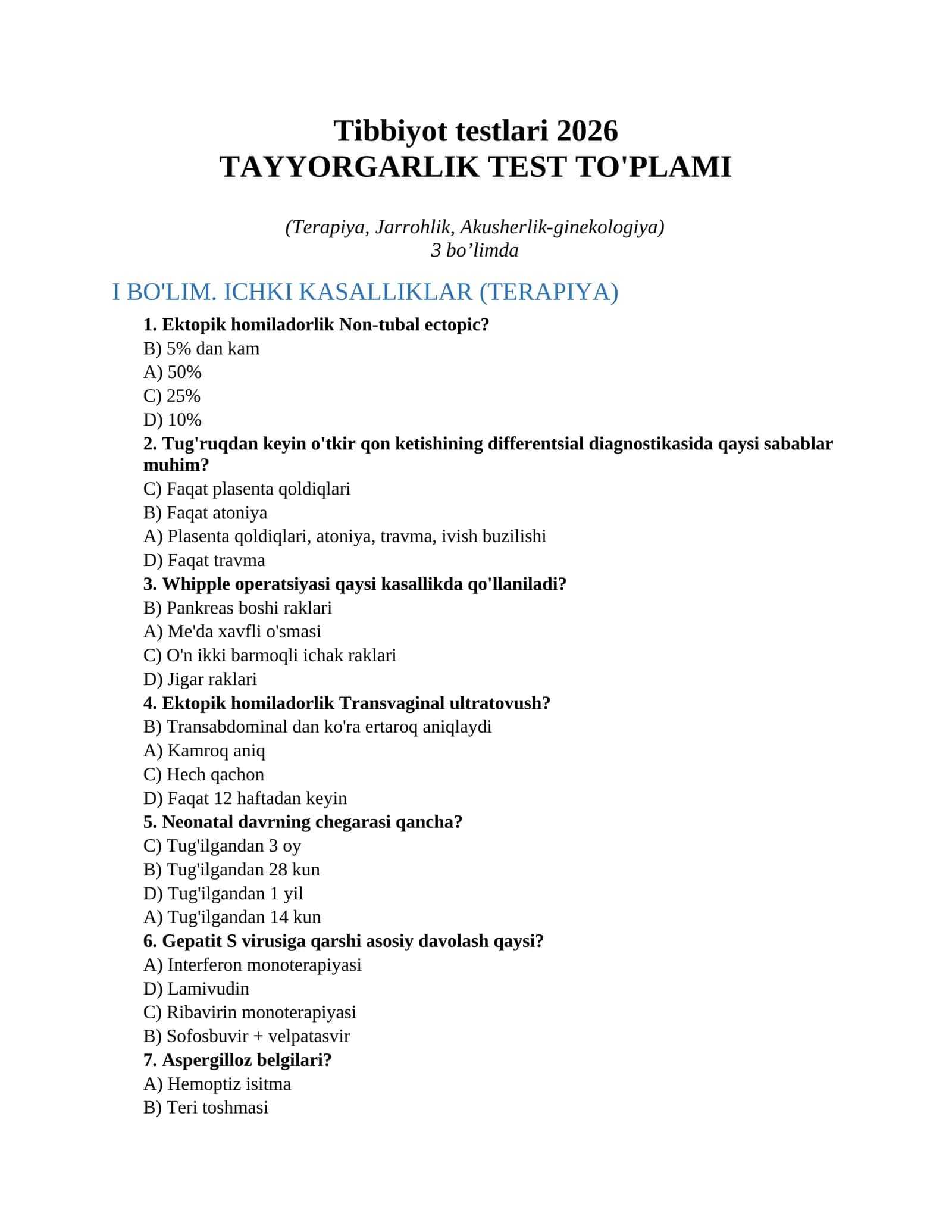 Tibbiyot testlari 2026 1