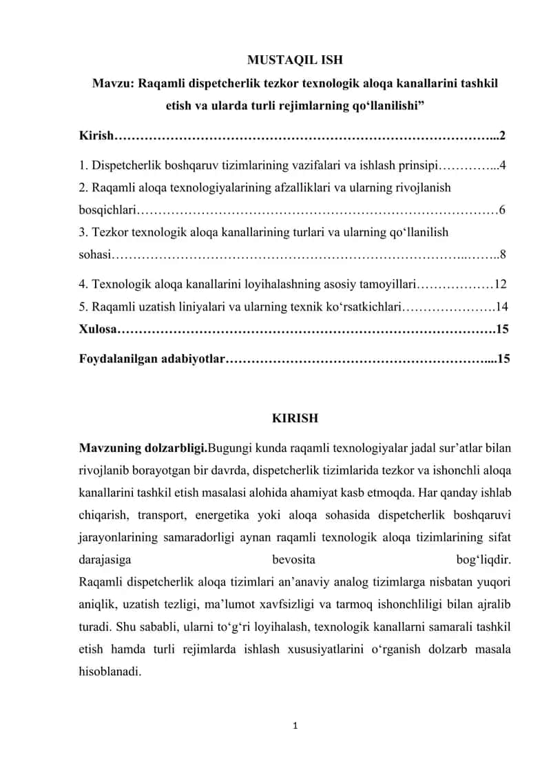 Raqamli dispetcherlik tezkor texnologik aloqa kanallarini tashkil etish va ularda turli rejimlarning qo‘llanilishi 1