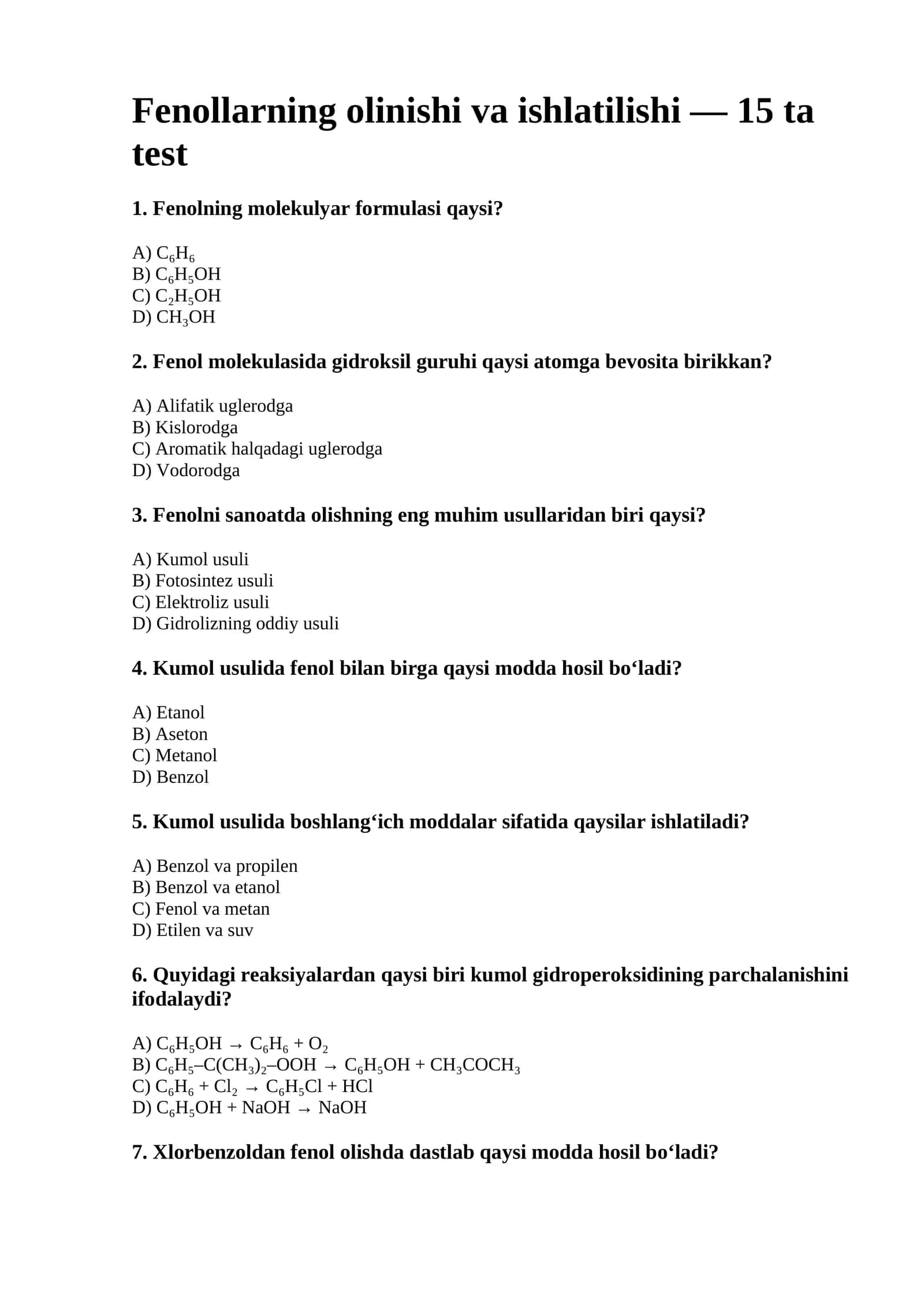 Fenollarning olinishi va ishlatilishi — 15 ta test 1