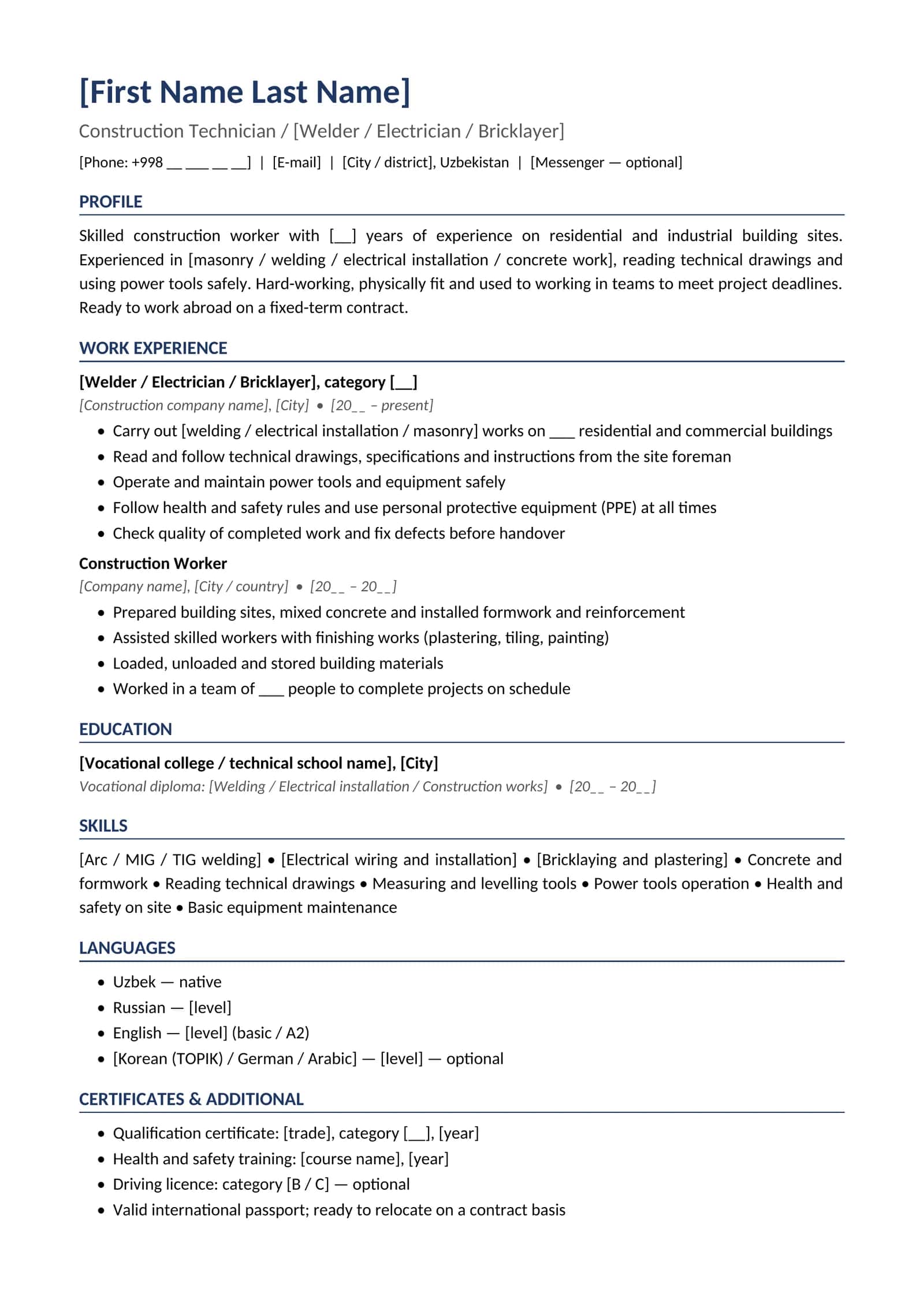 CV 10 English Construction worker technician for work abroad 1