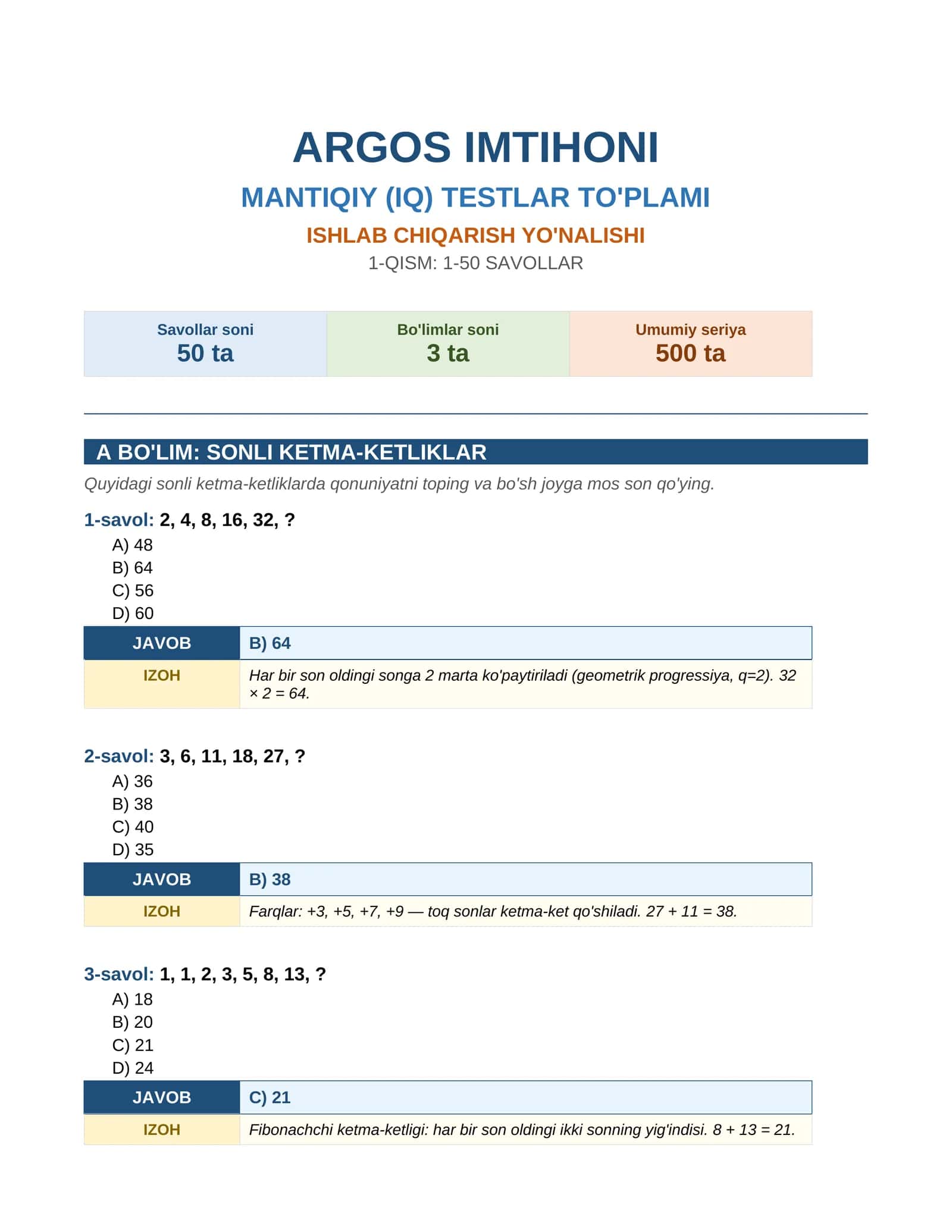ARGOS IMTIHONI MANTIQIY (IQ) TESTLAR TO'PLAMI 1
