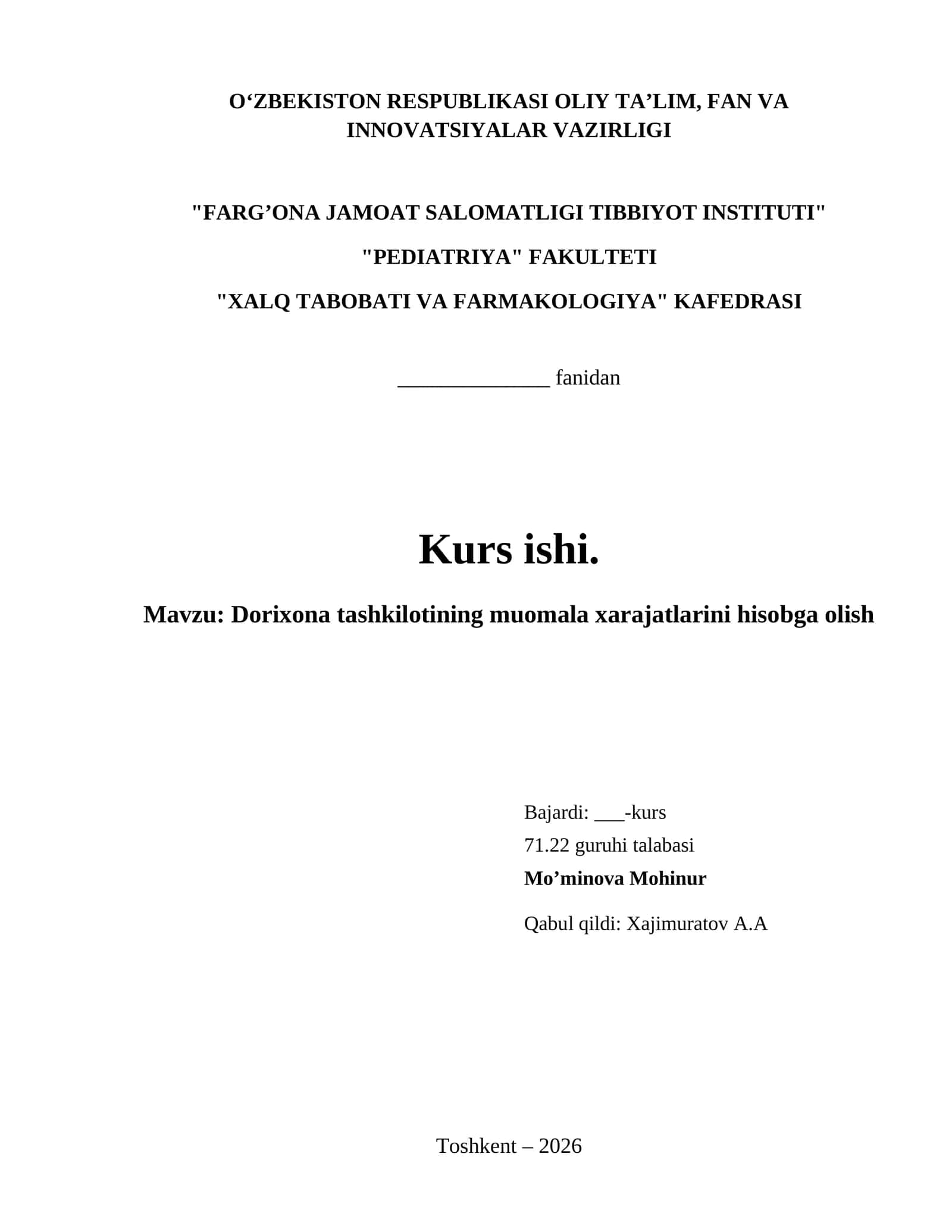 Dorixona tashkilotining muomala xarajatlarini hisobga olish 1