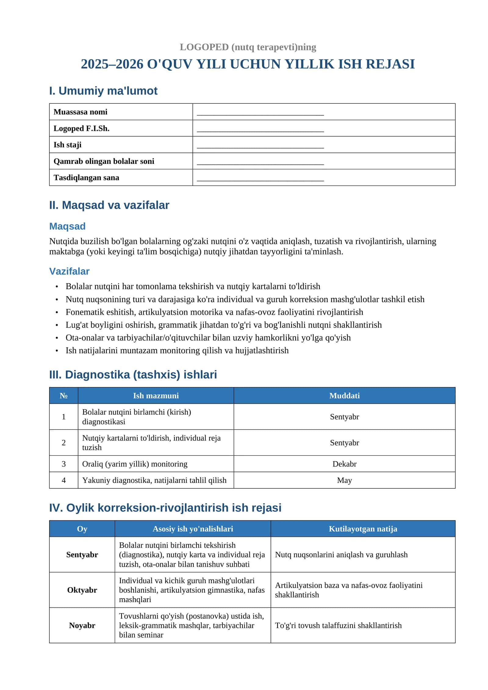 Logopediya yillik ish reja 1