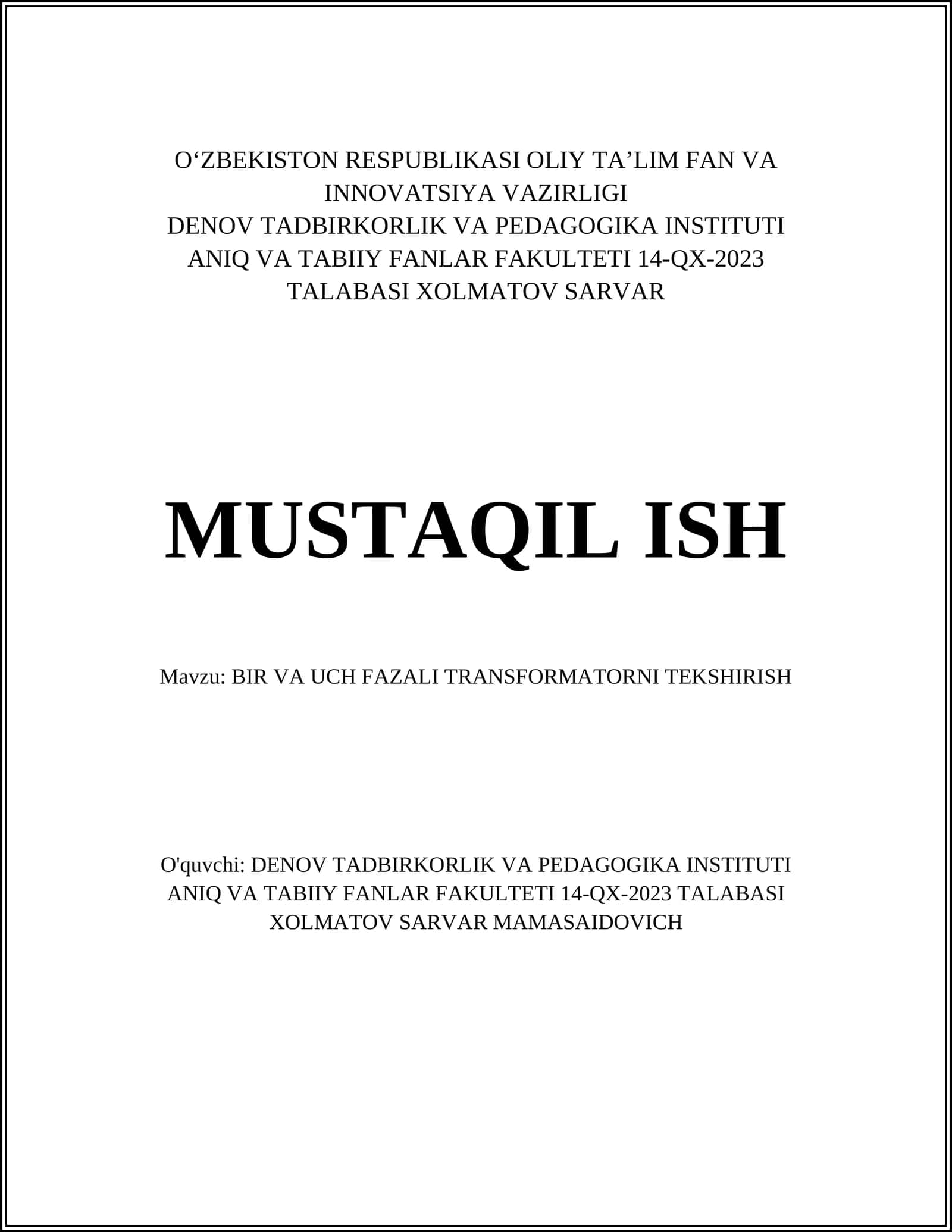 BIR VA UCH FAZALI TRANSFORMATORNI TEKSHIRISH 1