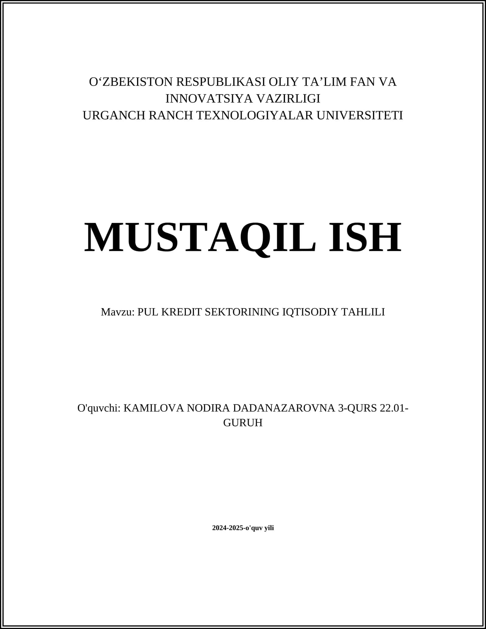 PUL KREDIT SEKTORINING IQTISODIY TAHLILI 1
