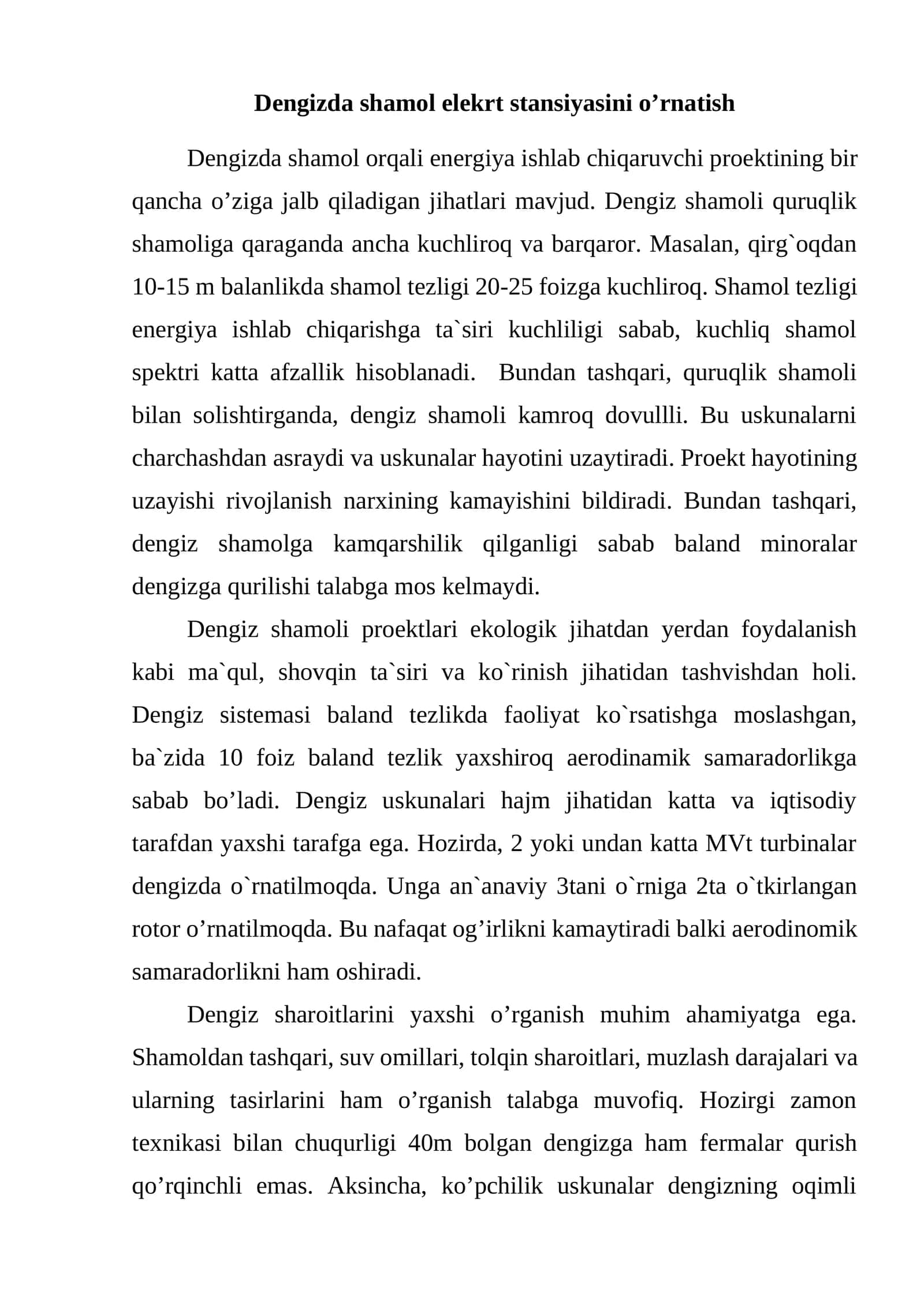 Dengizda shamol elekrt stansiyasini o’rnatish 1