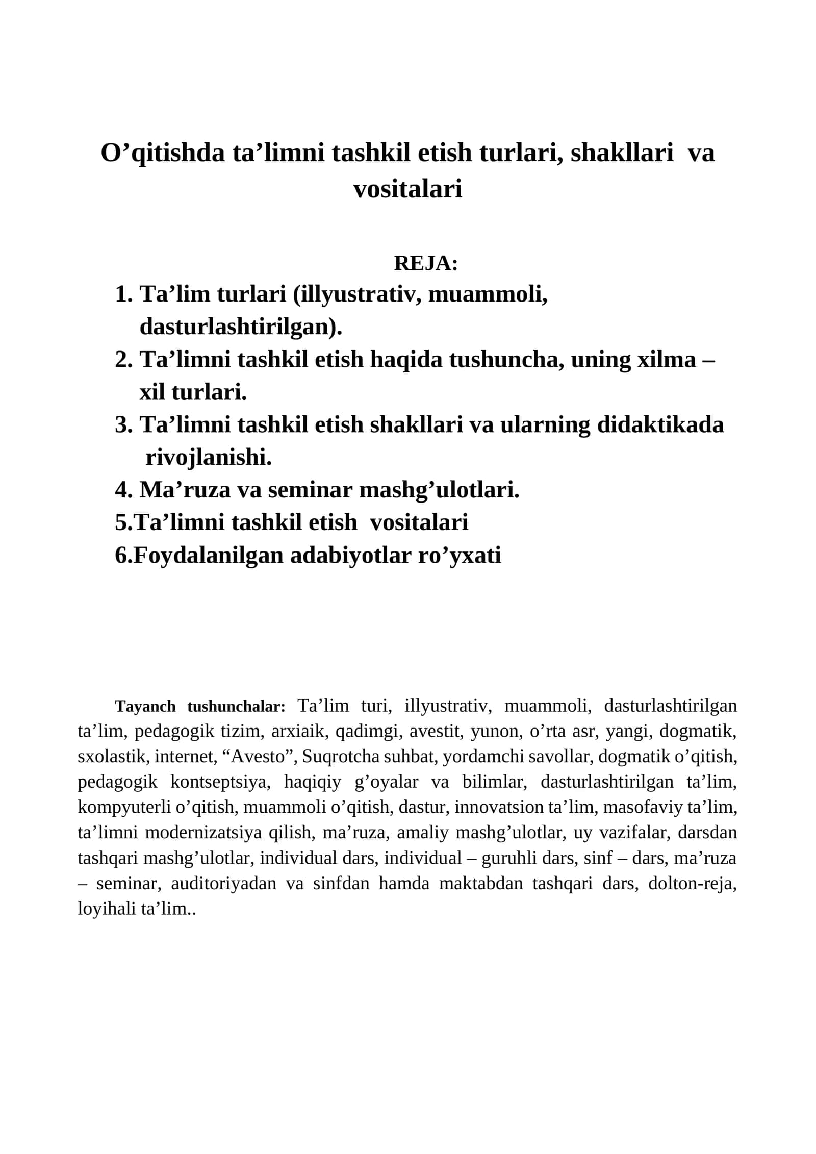 O’qitishda ta’limni tashkil etish turlari, shakllari va vositalari 1