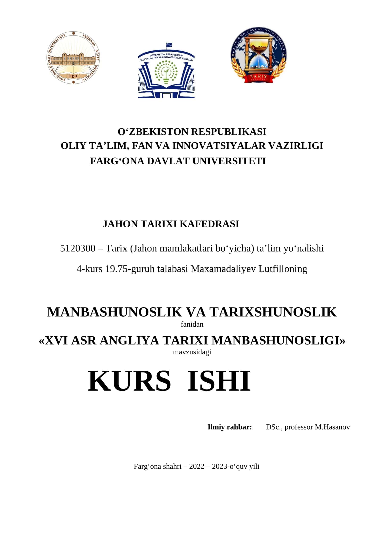 XVI ASR ANGLIYA TARIXI MANBASHUNOSLIGI 1