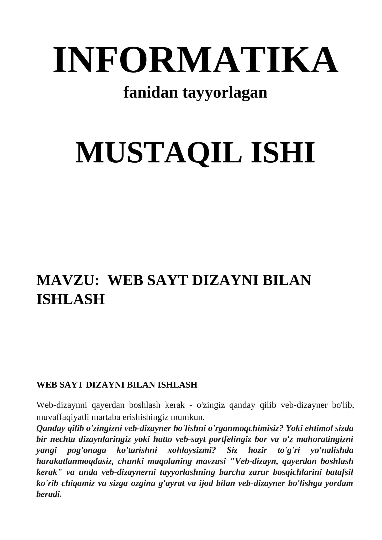 Veb Sayt Dizayni Bilan Ishlash 1