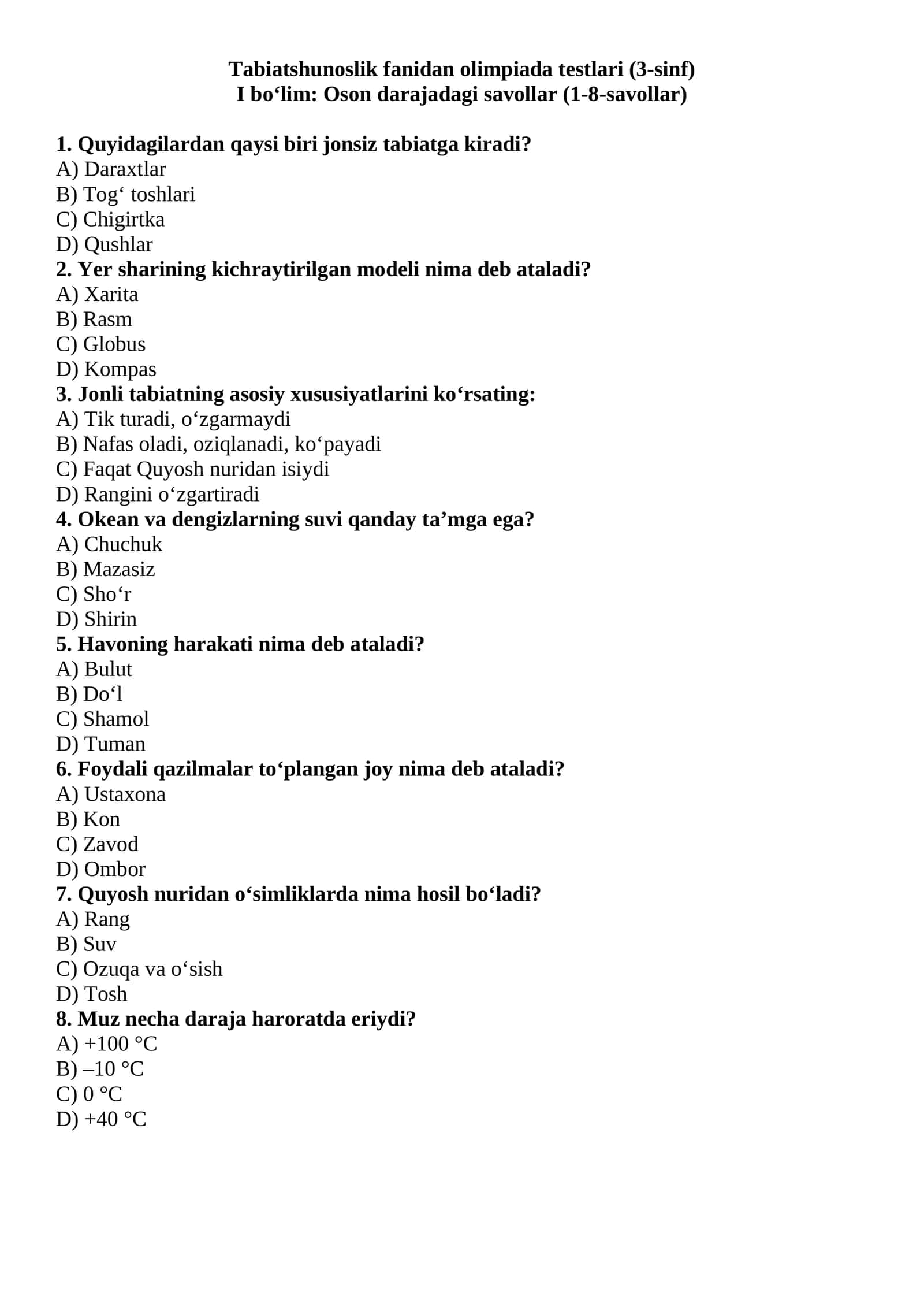 Tabiatshunoslik fanidan olimpiada testlari (3-sinf) 1