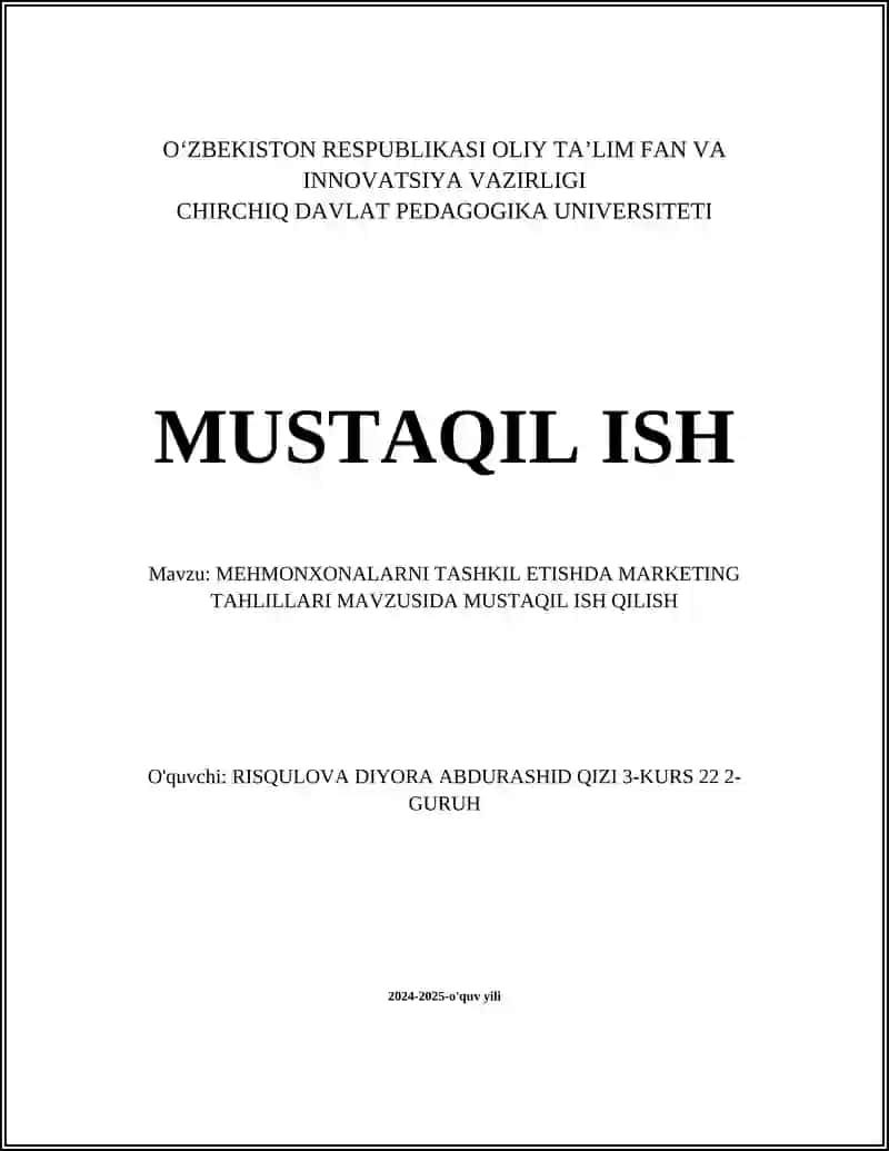 MEHMONXONALARNI TASHKIL ETISHDA MARKETING TAHLILLARI