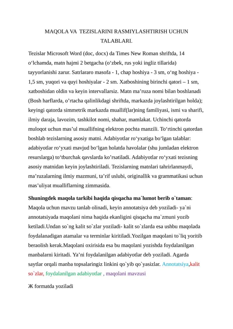 MAQOLA VA TEZISLARINI RASMIYLASHTIRISH UCHUN TALABLARI 1