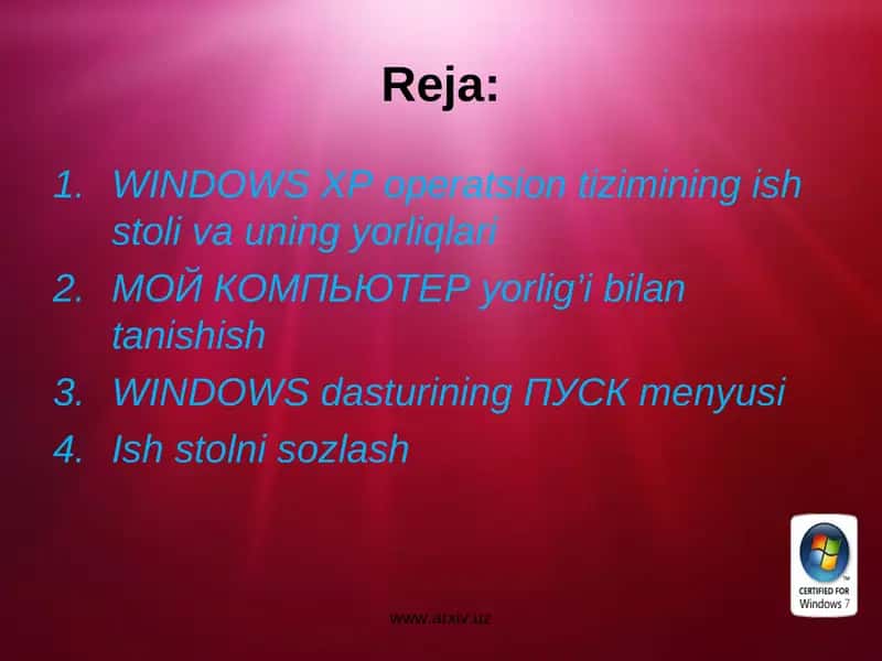 WINDOWS XP operatsion tizimining ish stoli va uning yorliqlari 1