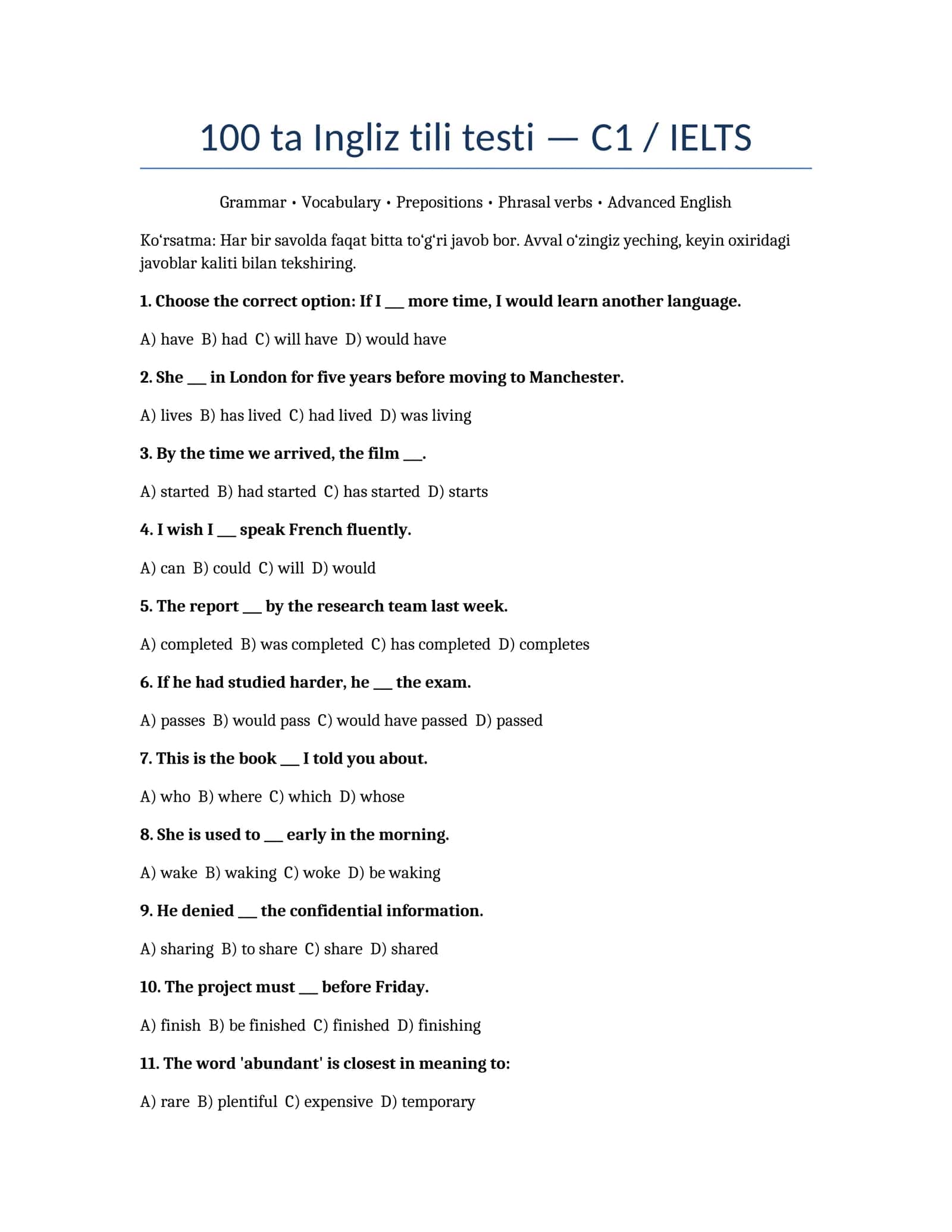 Ingliz tili uchun testlar 1