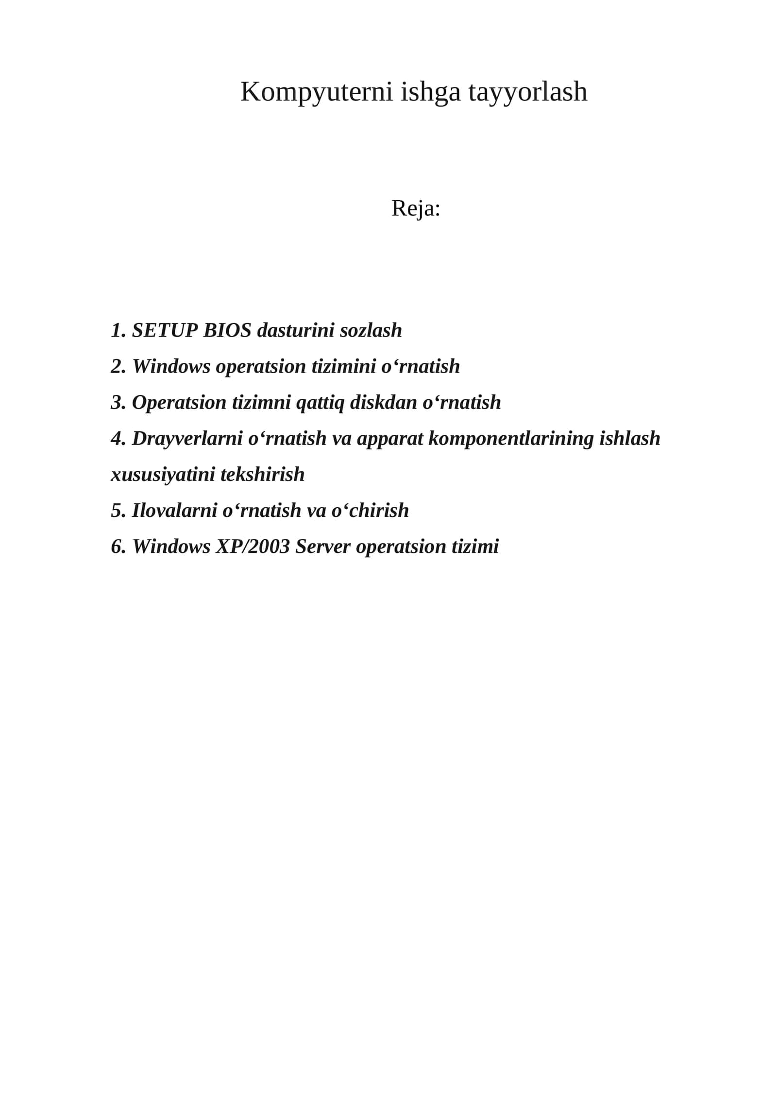 Kompyuterni ishga tayyorlash 1