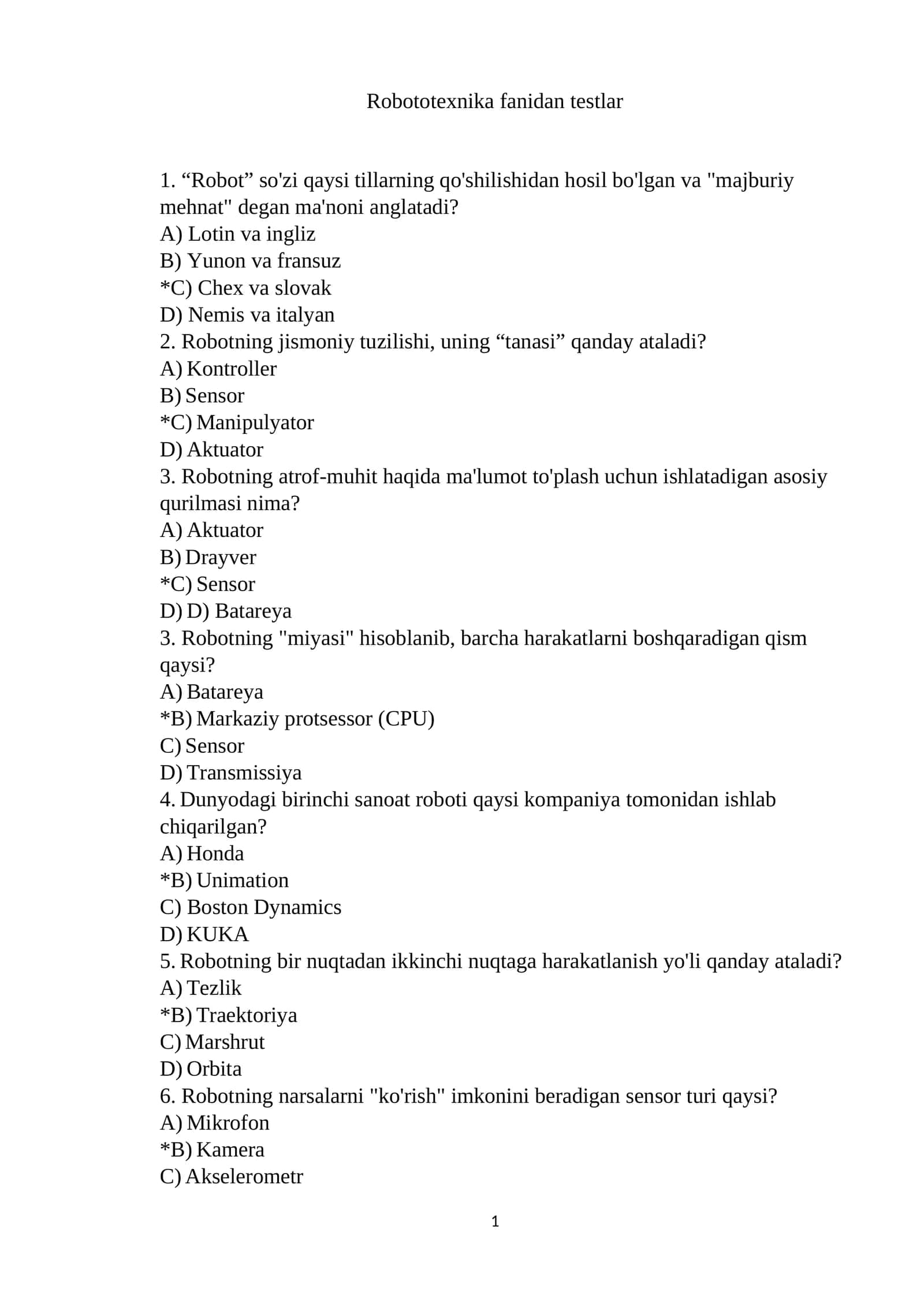 Robototexnika fanidan testlar 1