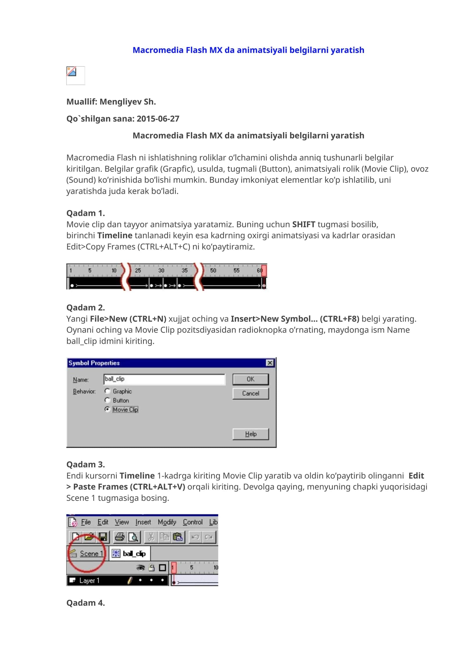 Macromedia Flash MX da animatsiyali belgilarni yaratish 1
