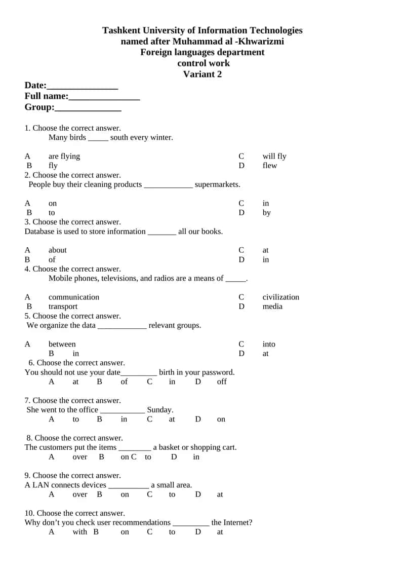 Foreign languages department control work Variant 2 1