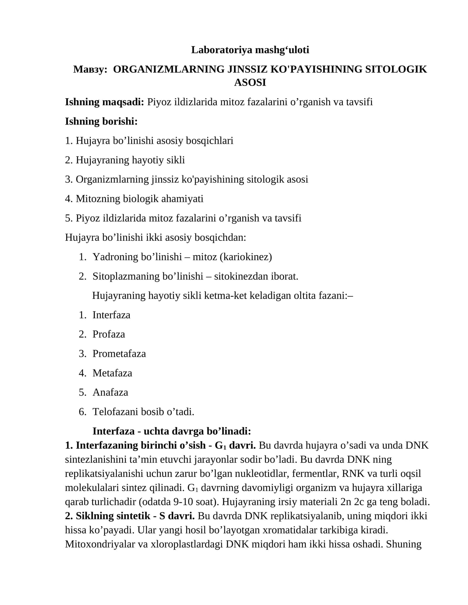 ORGANIZMLARNING JINSSIZ KO'PAYISHINING SITOLOGIK ASOSI 1