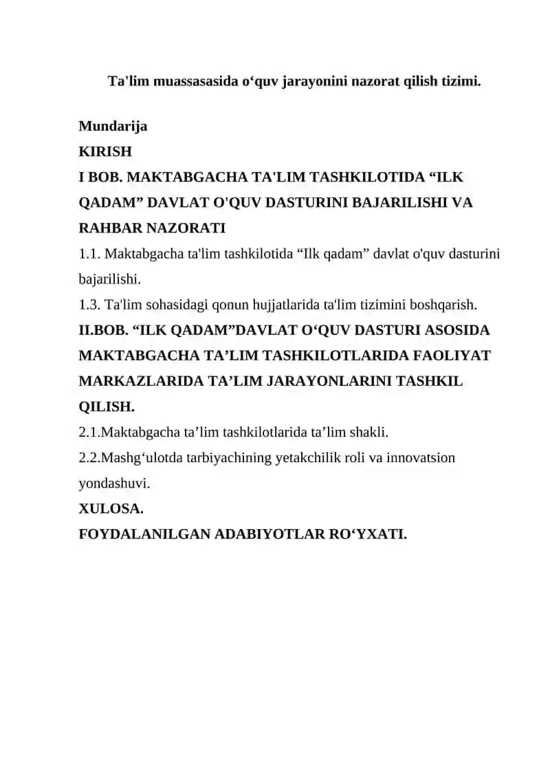 Ta'lim muassasasida o‘quv jarayonini nazorat qilish tizimi