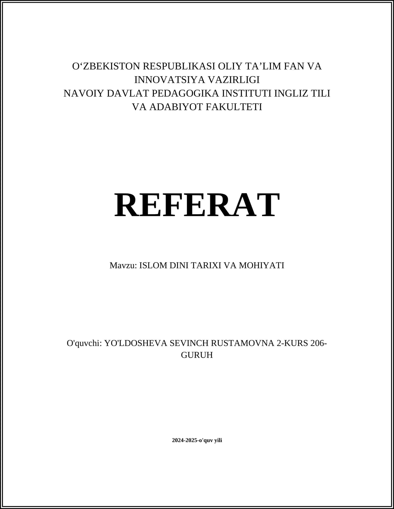 ISLOM DINI TARIXI VA MOHIYATI 1