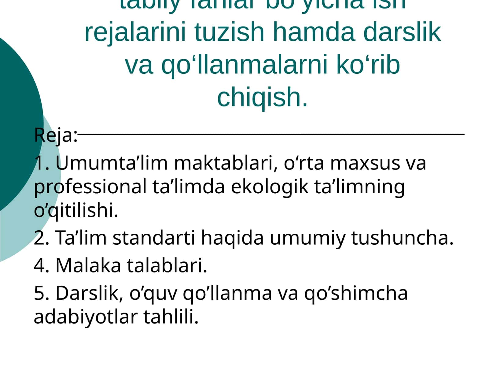 Ta’lim muassasalari uchun tabiiy fanlar bo‘yicha ish rejalarini tuzish hamda darslik va qo‘llanmalarni ko‘rib chiqish 1