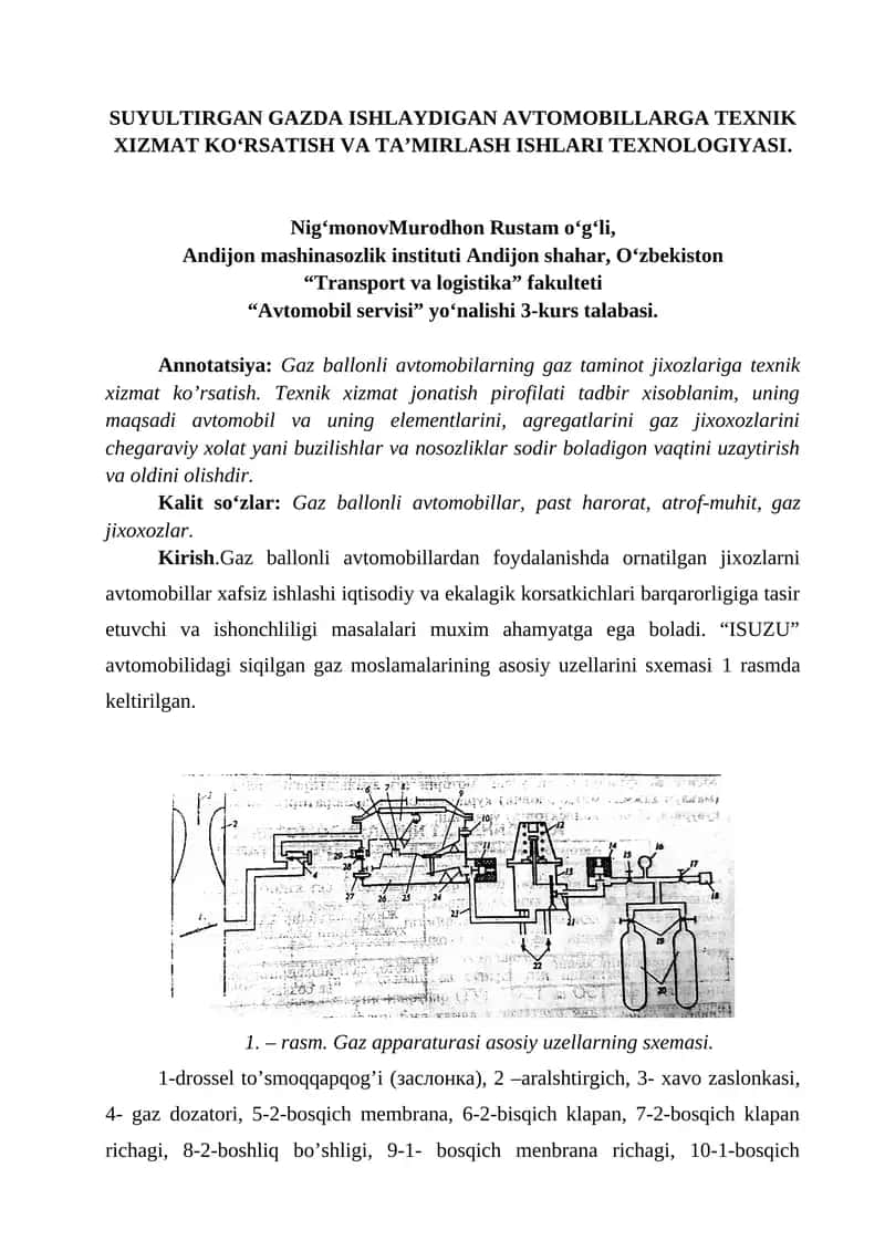 SUYULTIRGAN GAZDA ISHLAYDIGAN AVTOMOBILLARGA TEXNIK XIZMAT KO‘RSATISH VA TA’MIRLASH ISHLARI TEXNOLOGIYASI. 1