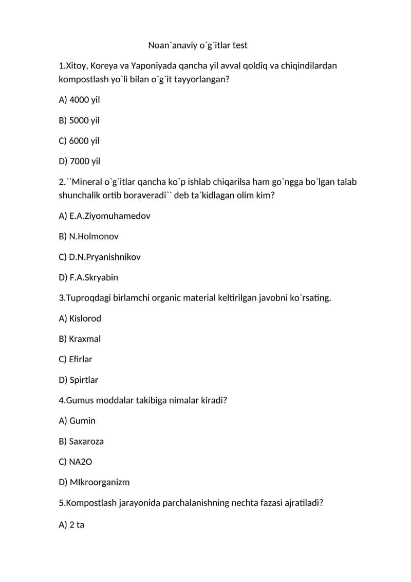Noan`anaviy o`g`itlar test 1
