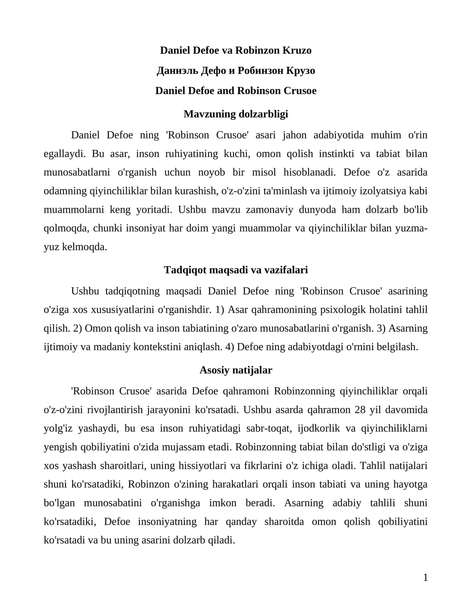Daniel Defoe va Robinzon Kruzo 1
