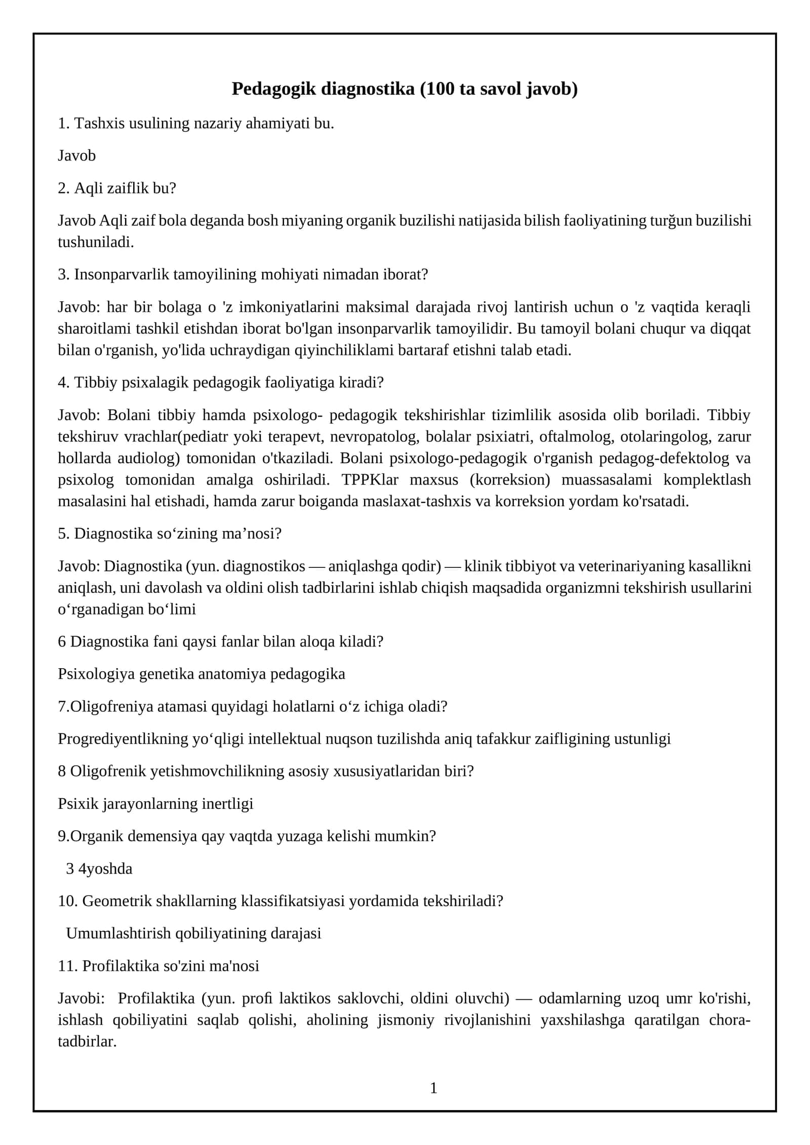 Pedagogik diagnostika (100 ta savol javob) 1