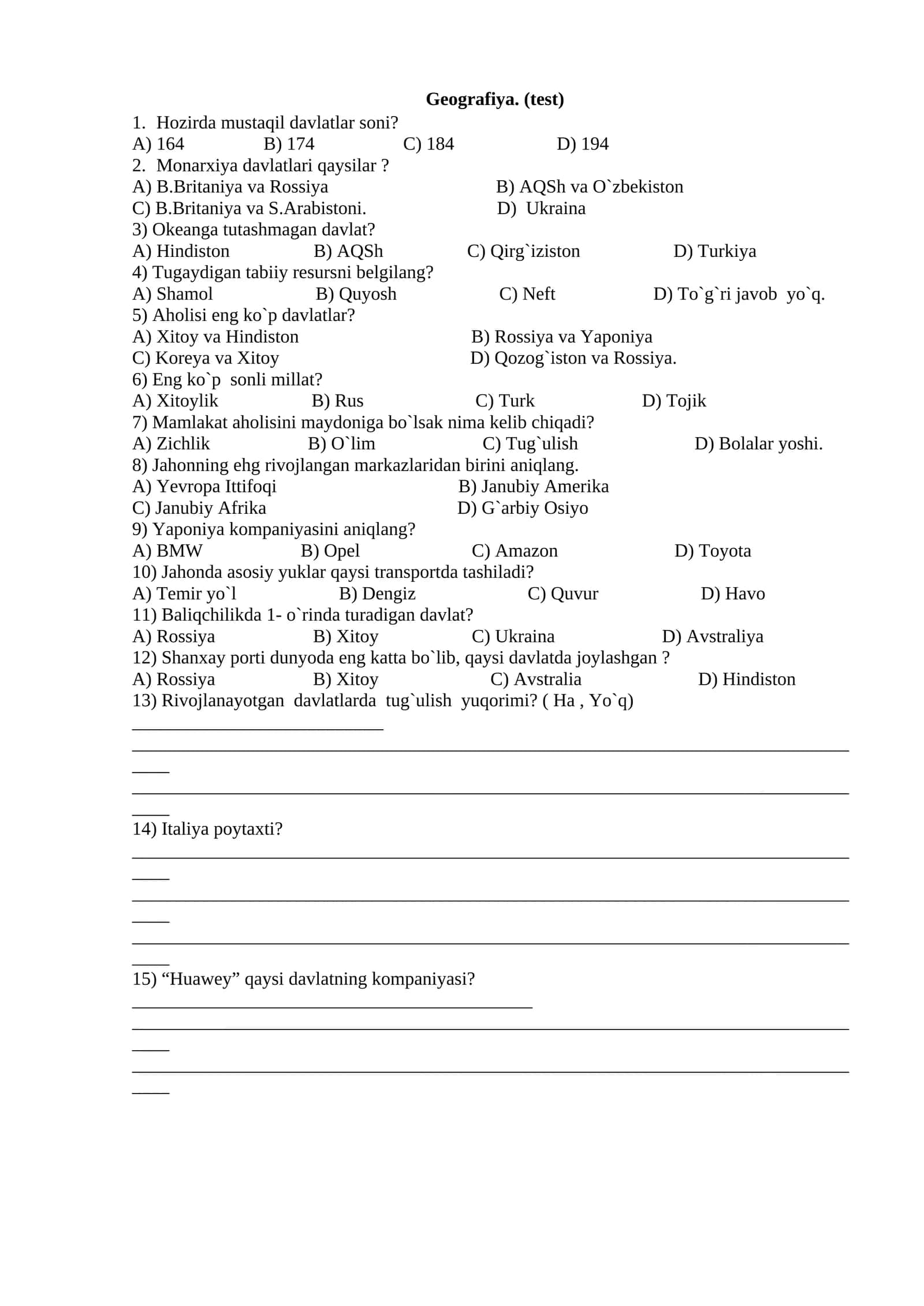 Geografiya (test) 1