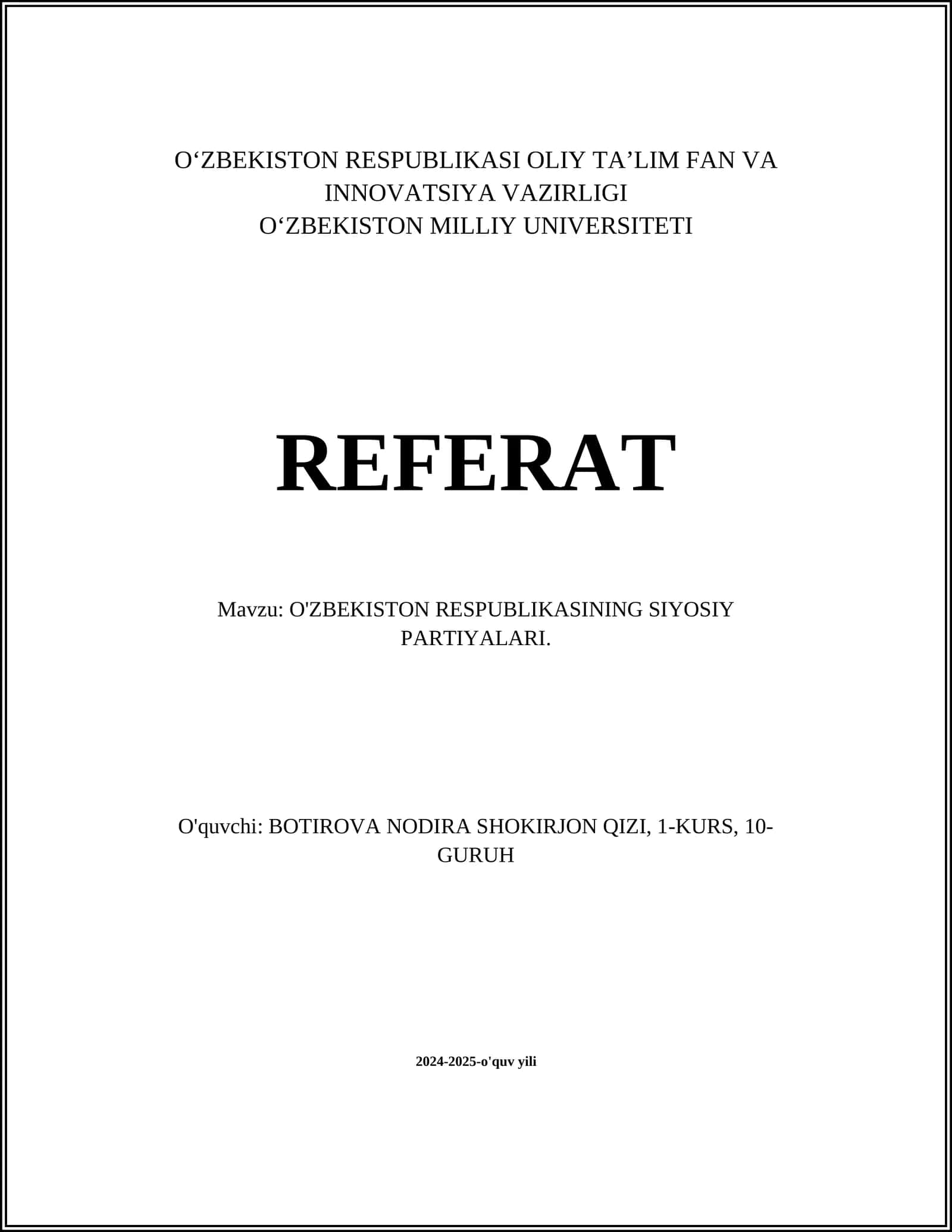 O'ZBEKISTON RESPUBLIKASINING SIYOSIY PARTIYALARI 1