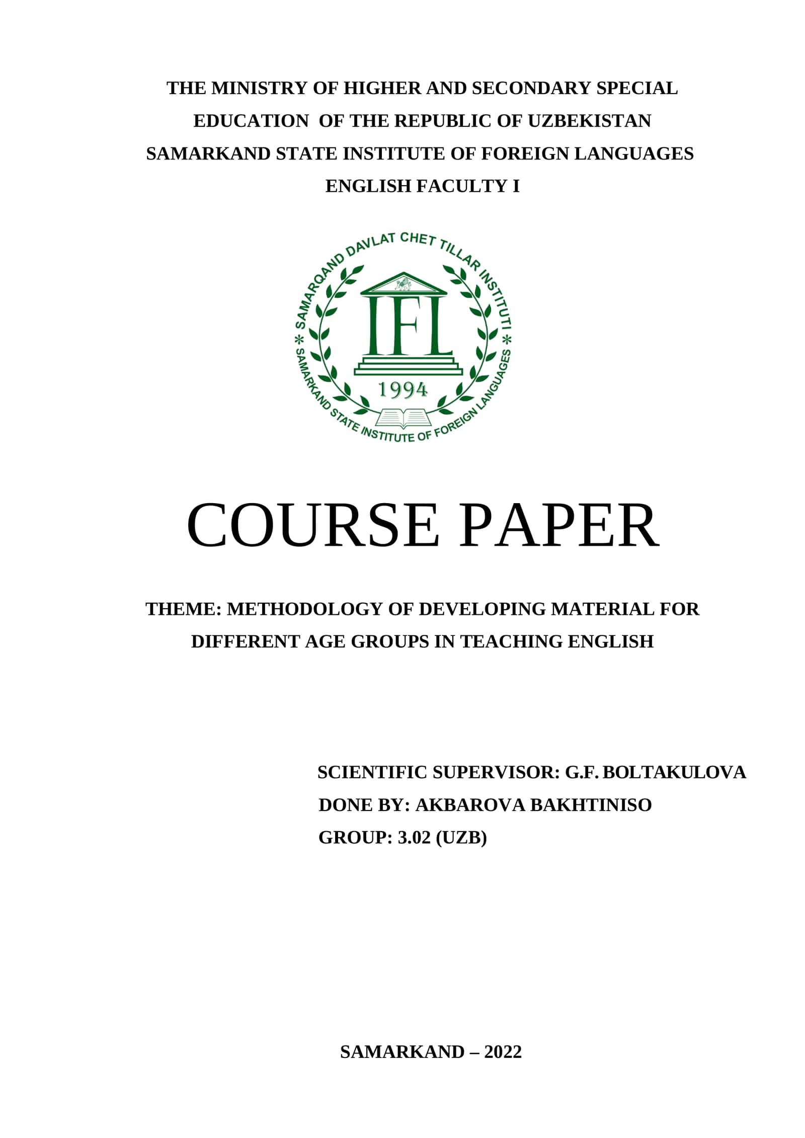COURSE PAPER ON METHODOLOGY OF DEVELOPING MATERIAL FOR TEACHING ENGLISH TO YOUNG LEARNERS 1