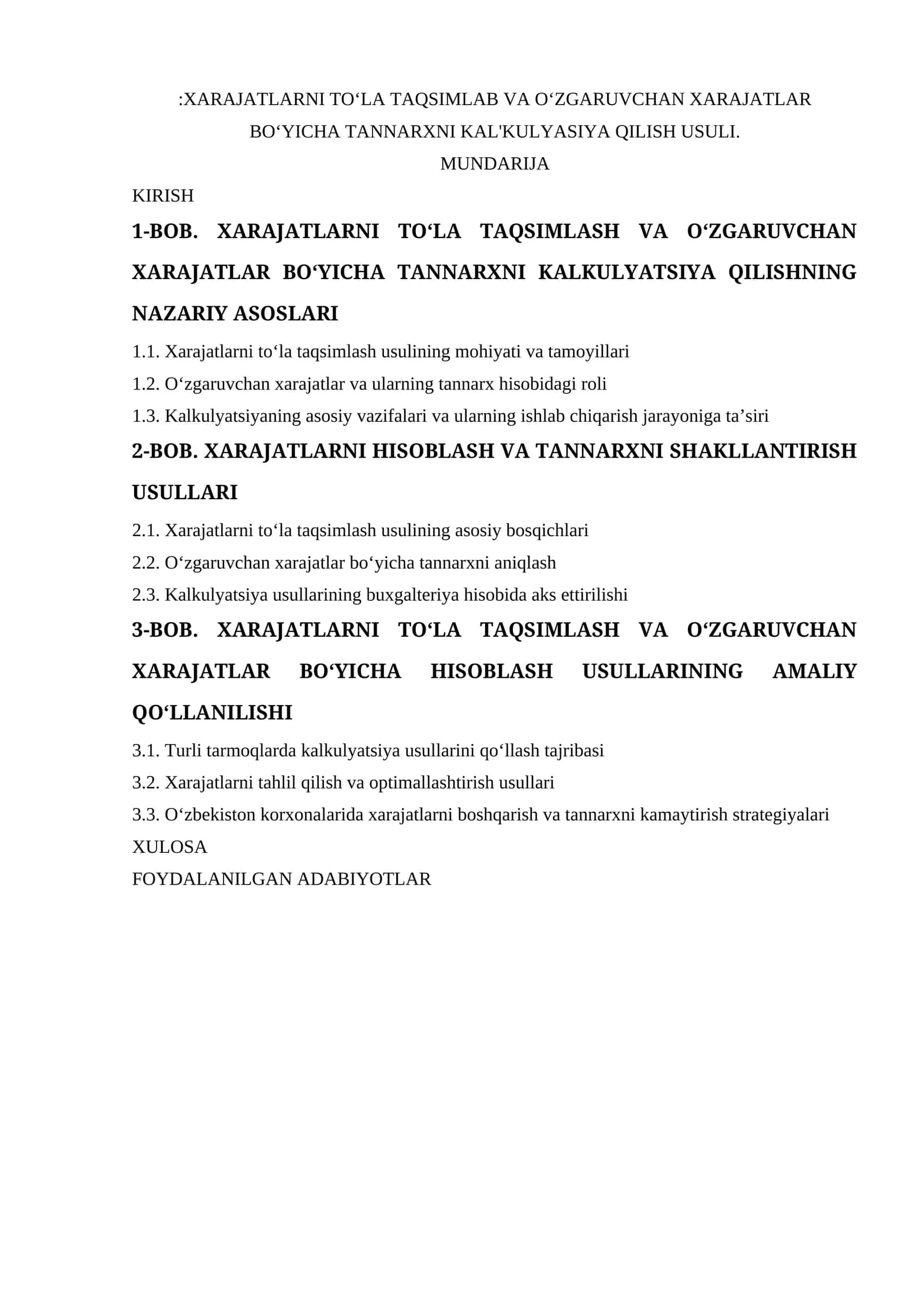 XARAJatlarni to‘la taqsimlab va o‘zgaruvchan xarajatlar bo‘yicha tannarxni kalkulyatsiya qilish usuli 1