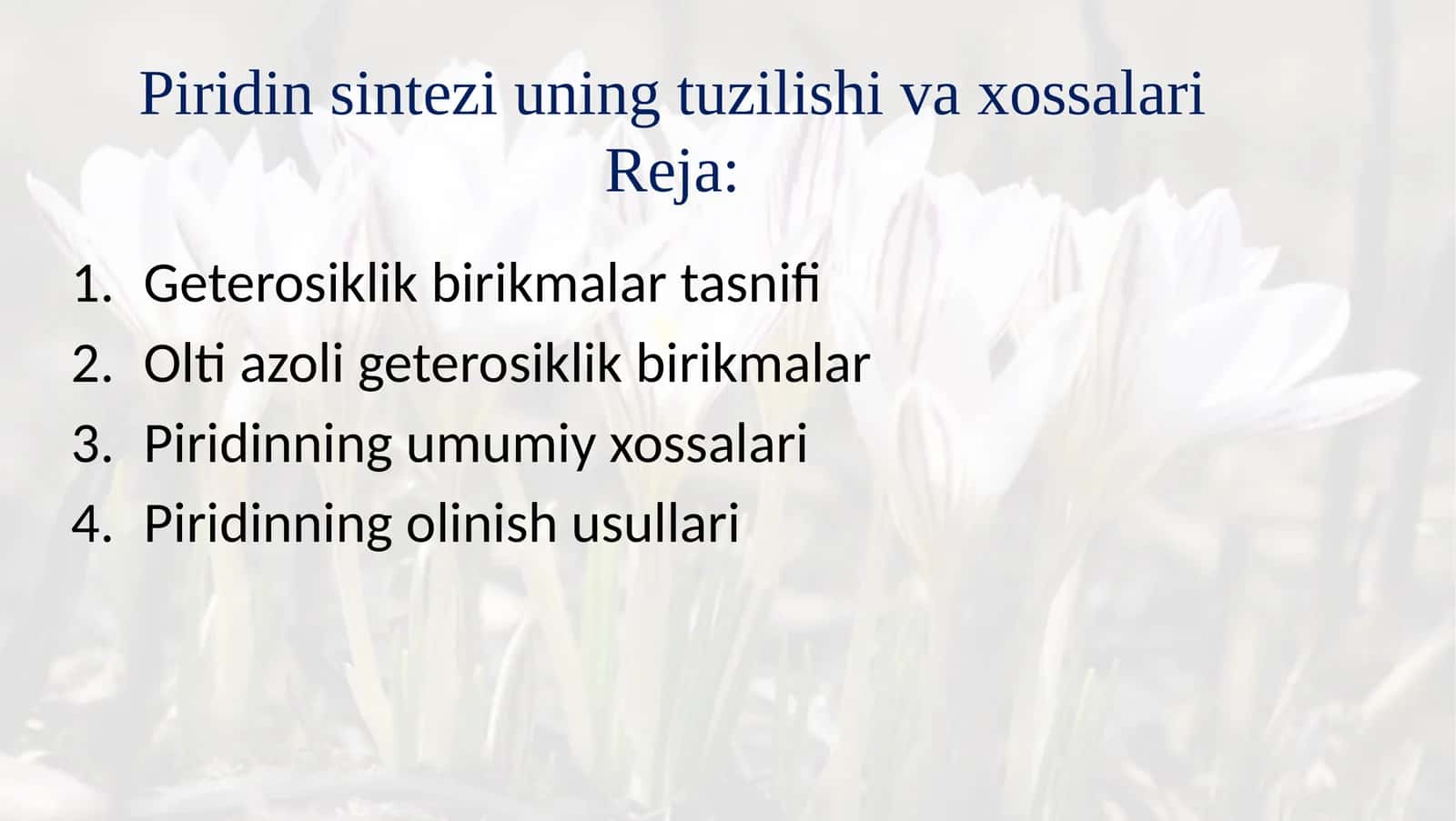 Piridin sintezi uning tuzilishi va xossalari 1