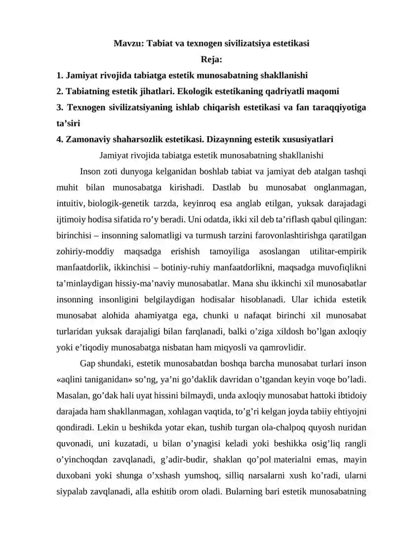 Tabiat va texnogen sivilizatsiya estetikasi