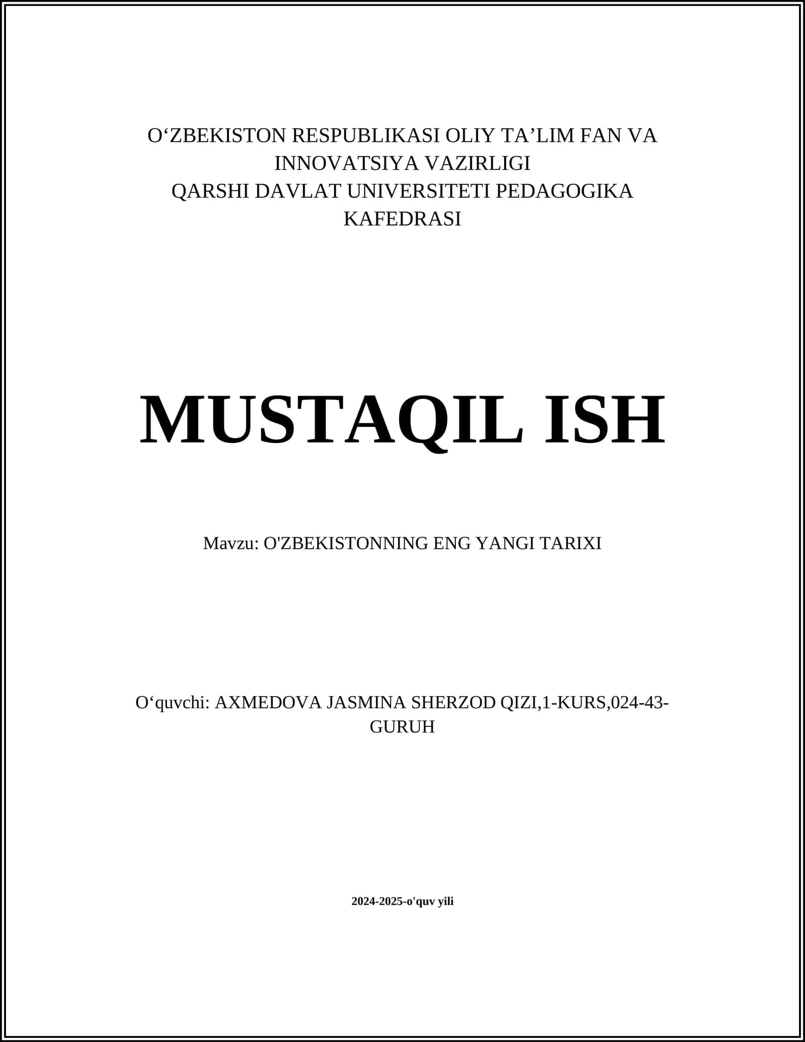 O'ZBEKISTONNING ENG YANGI TARIXI 1