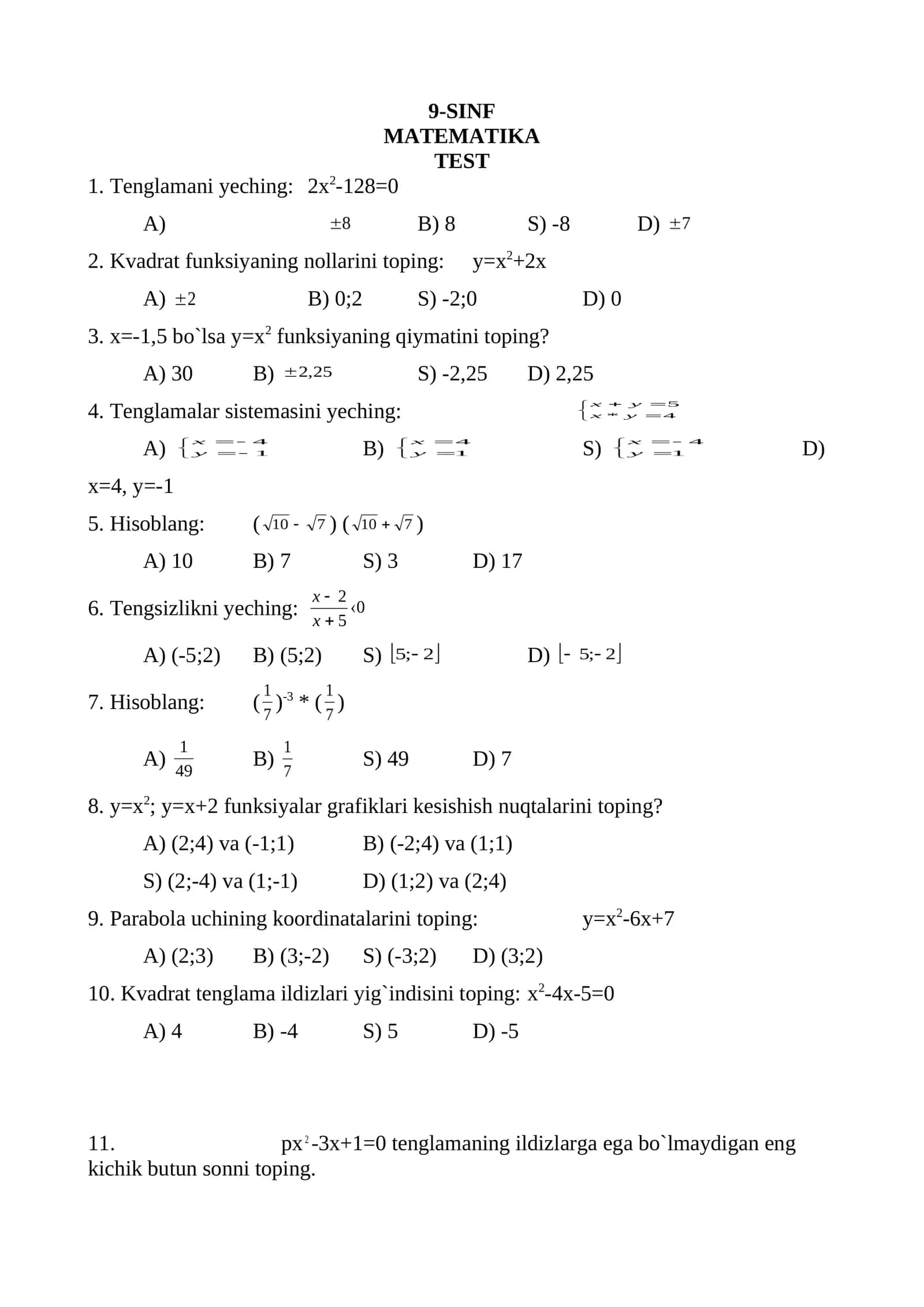 9-SINF MATEMATIKA TEST 1