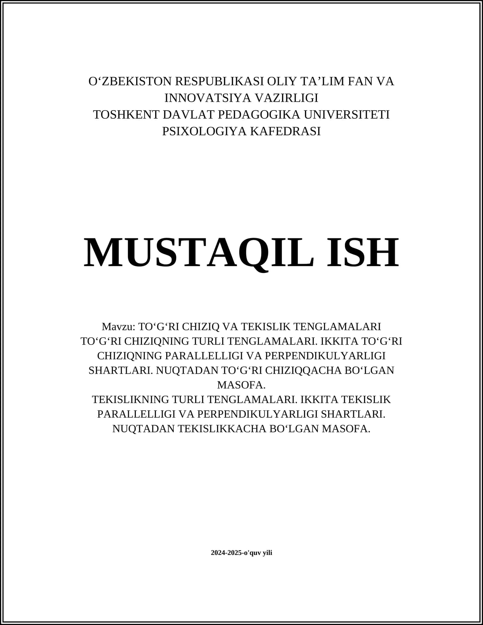TO‘G‘RI CHIZIQ VA TEKISLIK TENGLAMALARI 1