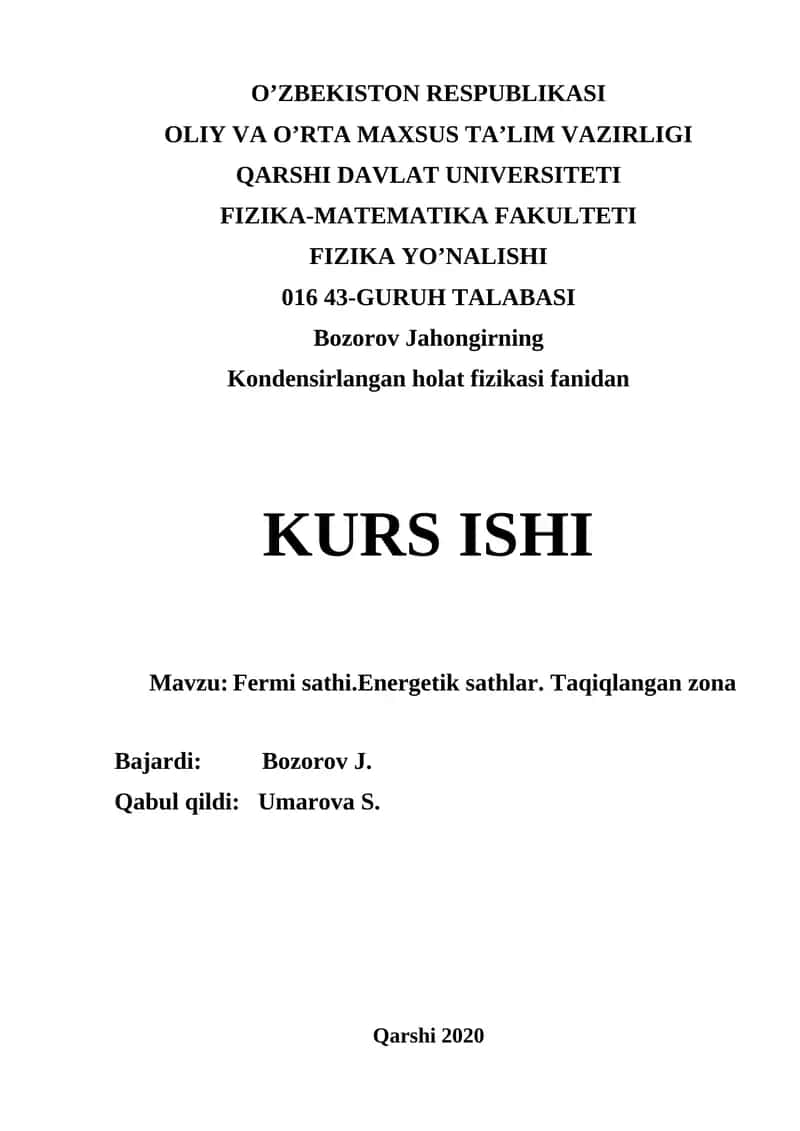 Fermi sathi. Energetik sathlar. Taqiqlangan zona 1