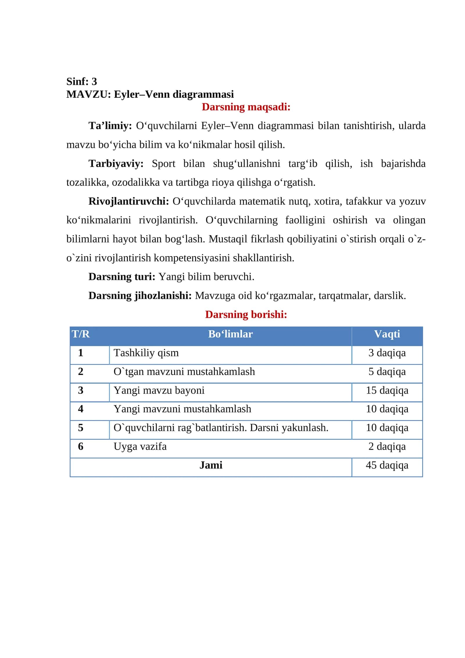 Eyler–Venn diagrammasi. Dars ishlanma 1