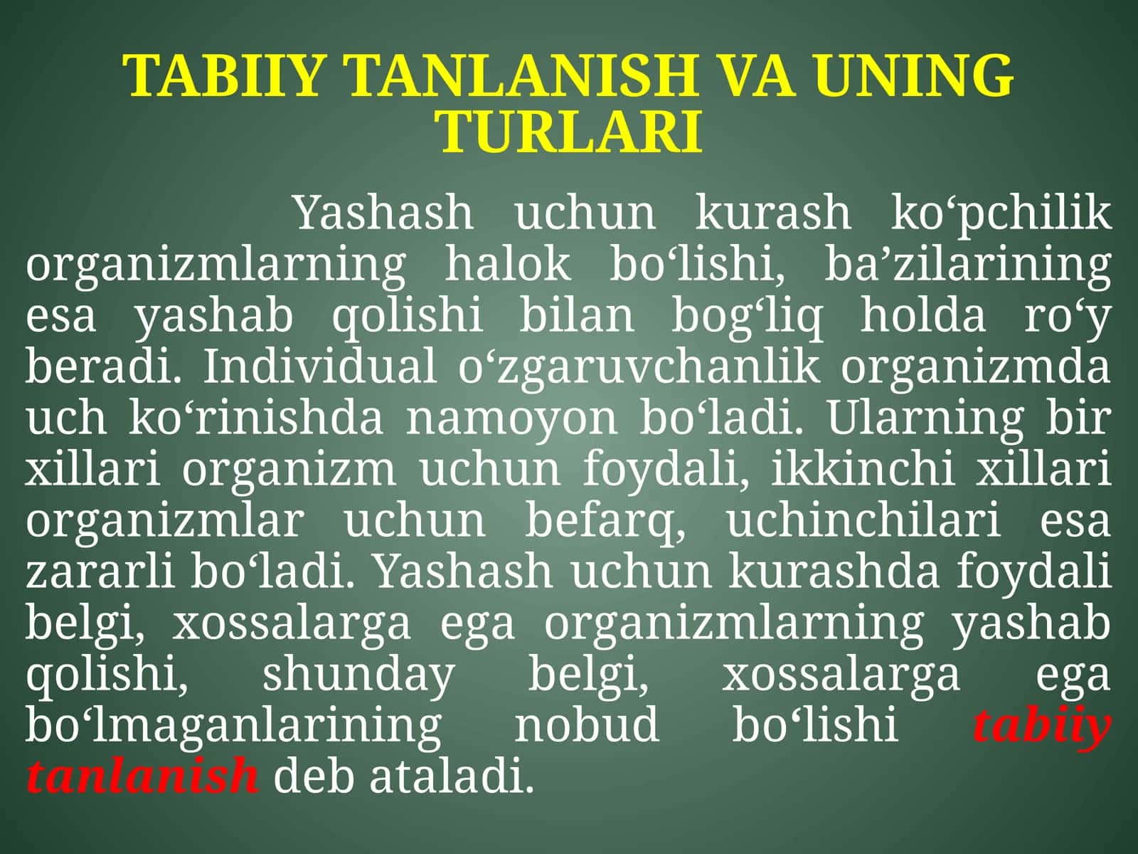 TABIIY TANLANISH VA UNING TURLARI 1