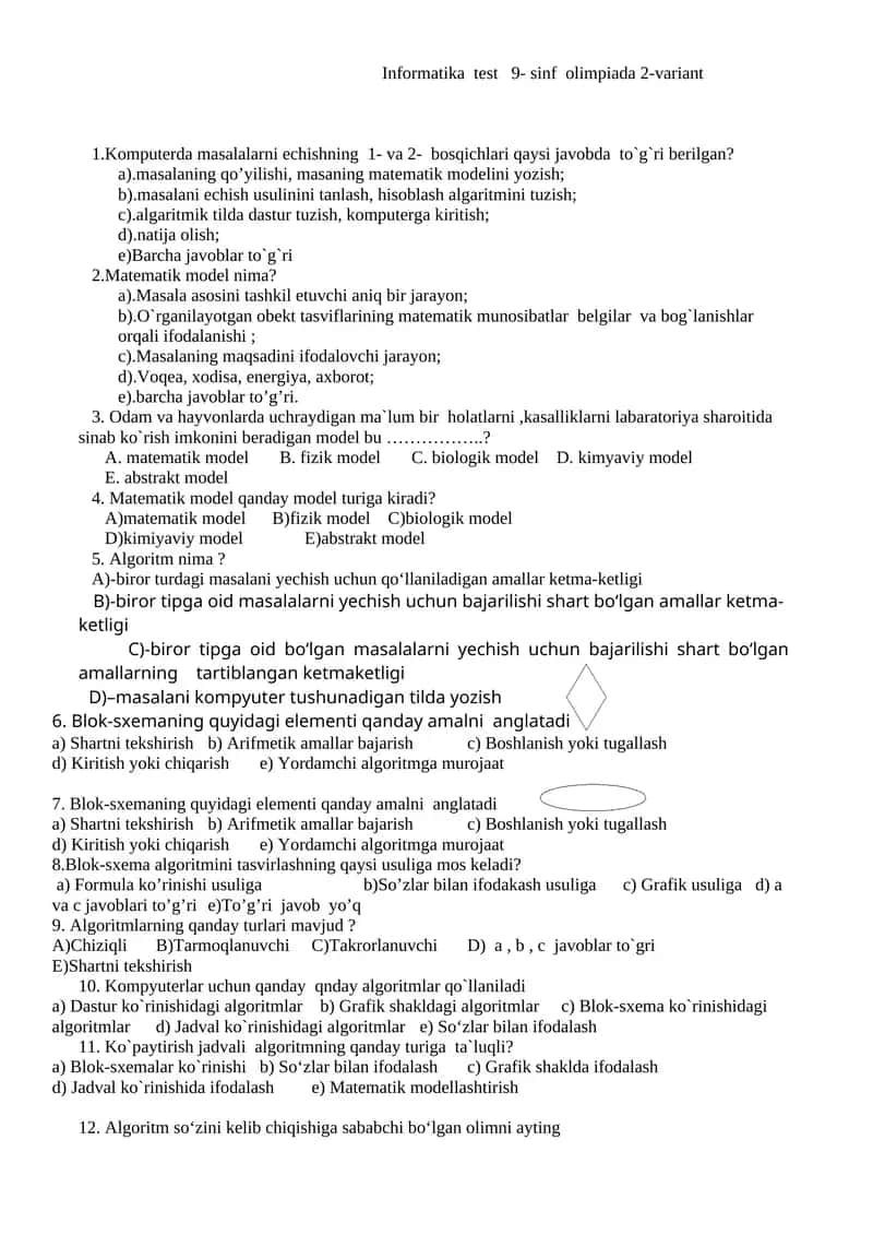 Informatika test 9- sinf olimpiada 2-variant 1