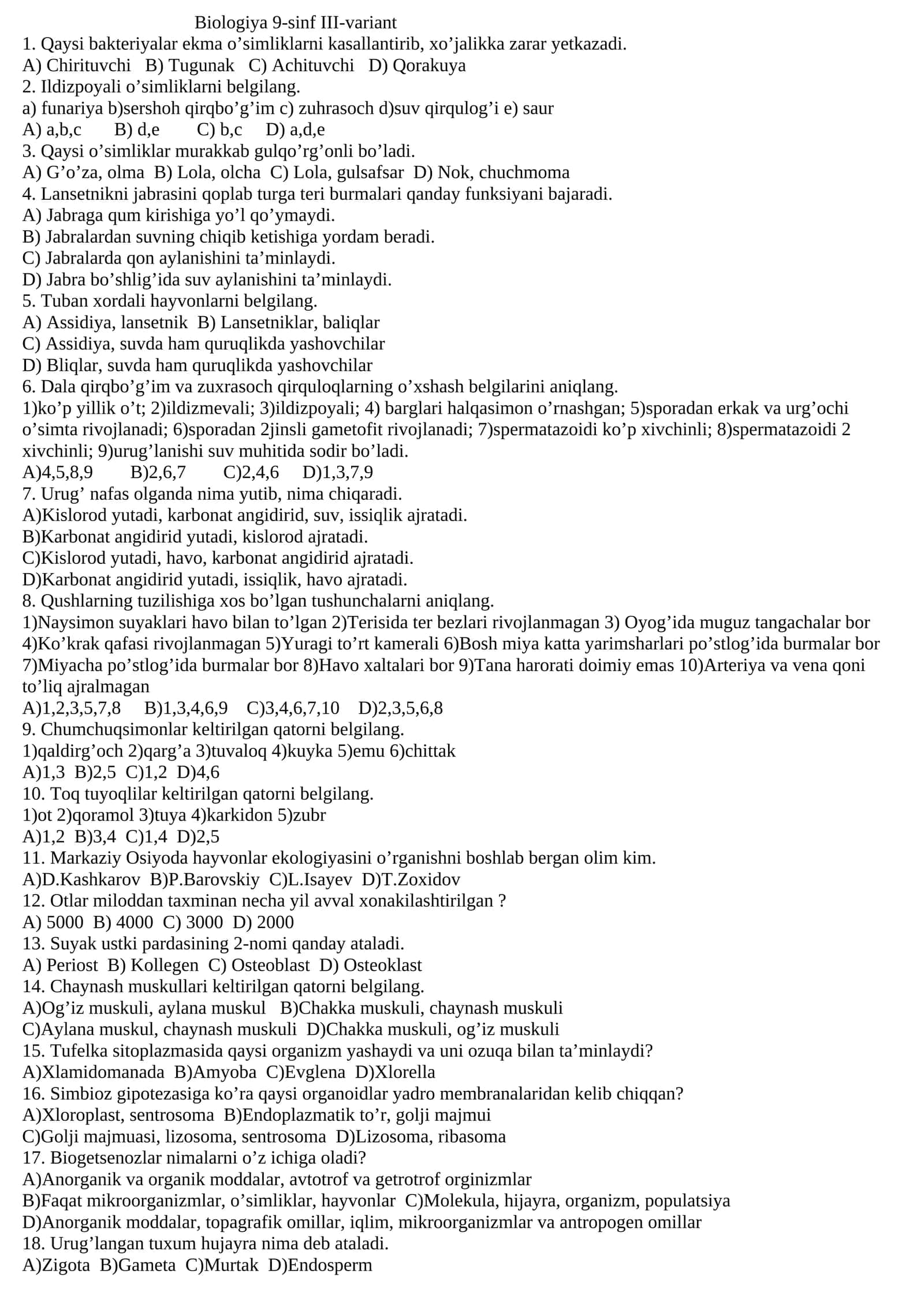 Biologiya 9-sinf III-variant 1